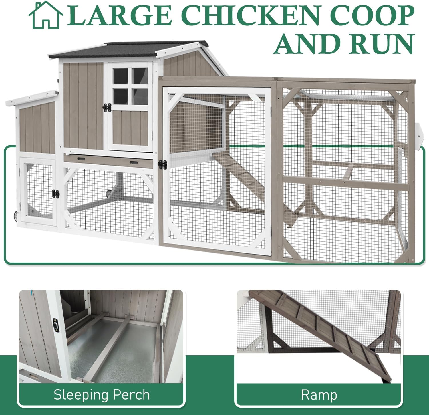 95.3" L Large Chicken Coop with Run, Chicken Tractor Hen House with 3 Nesting Boxes, Wheels, Portable Outdoor Quail Hutch Poultry Cage for 2-4 Chickens with 6 Access, Removable Tray, Ramp