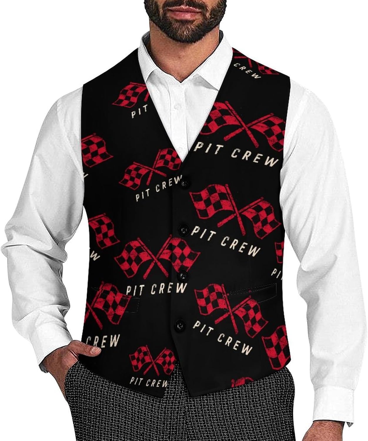 Racing Car Pit Crew Checkered Flag Mens Vest Formal Waistcoat Tuxedo with Pocket Suit Vests for Wedding Party