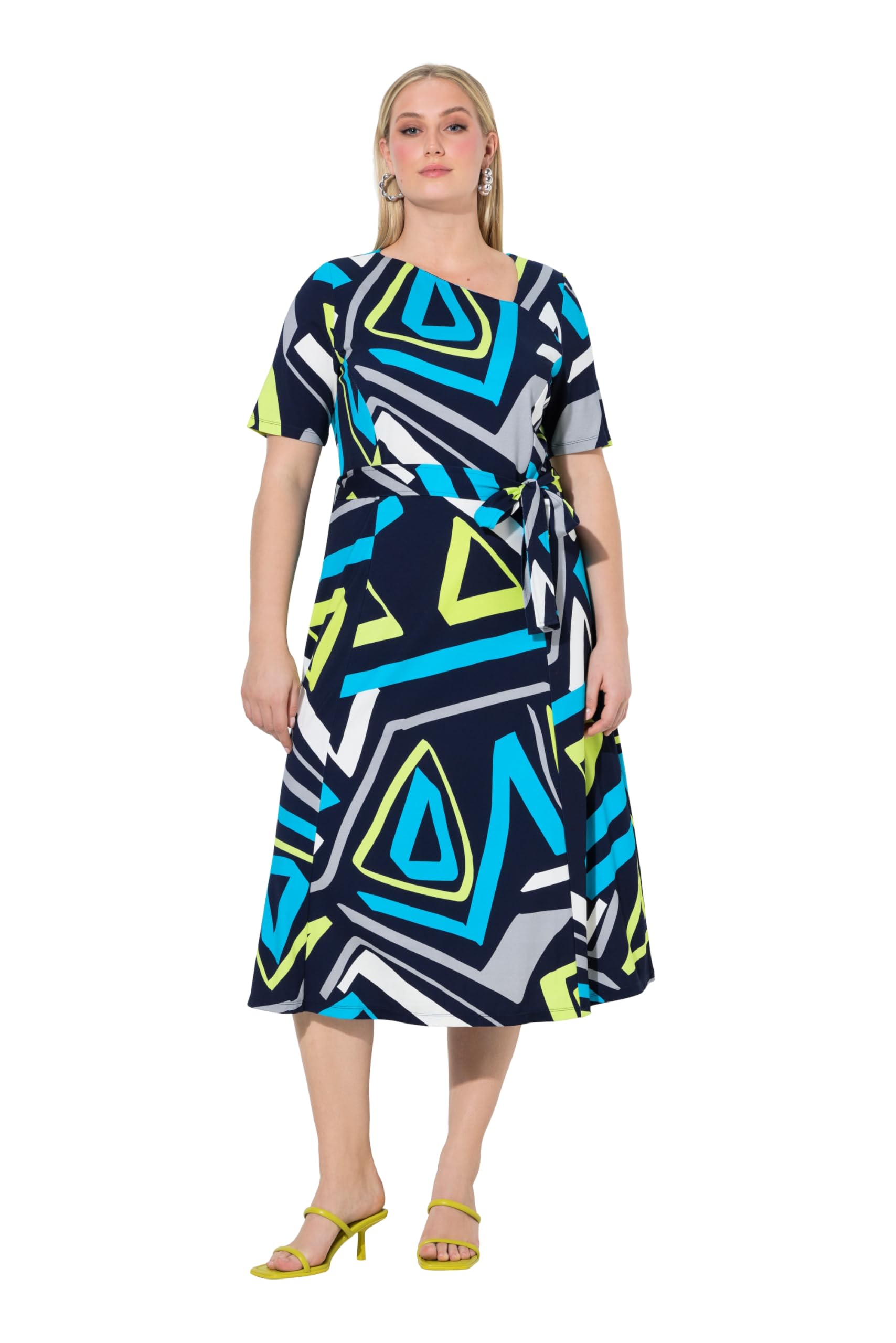 Ulla Popken Damen große Größen Übergrößen Plus Size Midikleid, grafischer Druck, V-Ausschnitt, Halbarm 847324