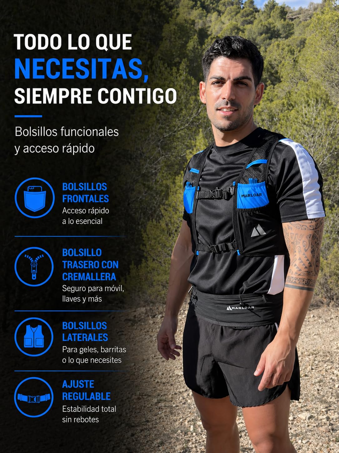 Chaleco Running para Trail Running con 2 Soft Flask 500 ml – Ajuste cómodo, Ligero y Transpirable