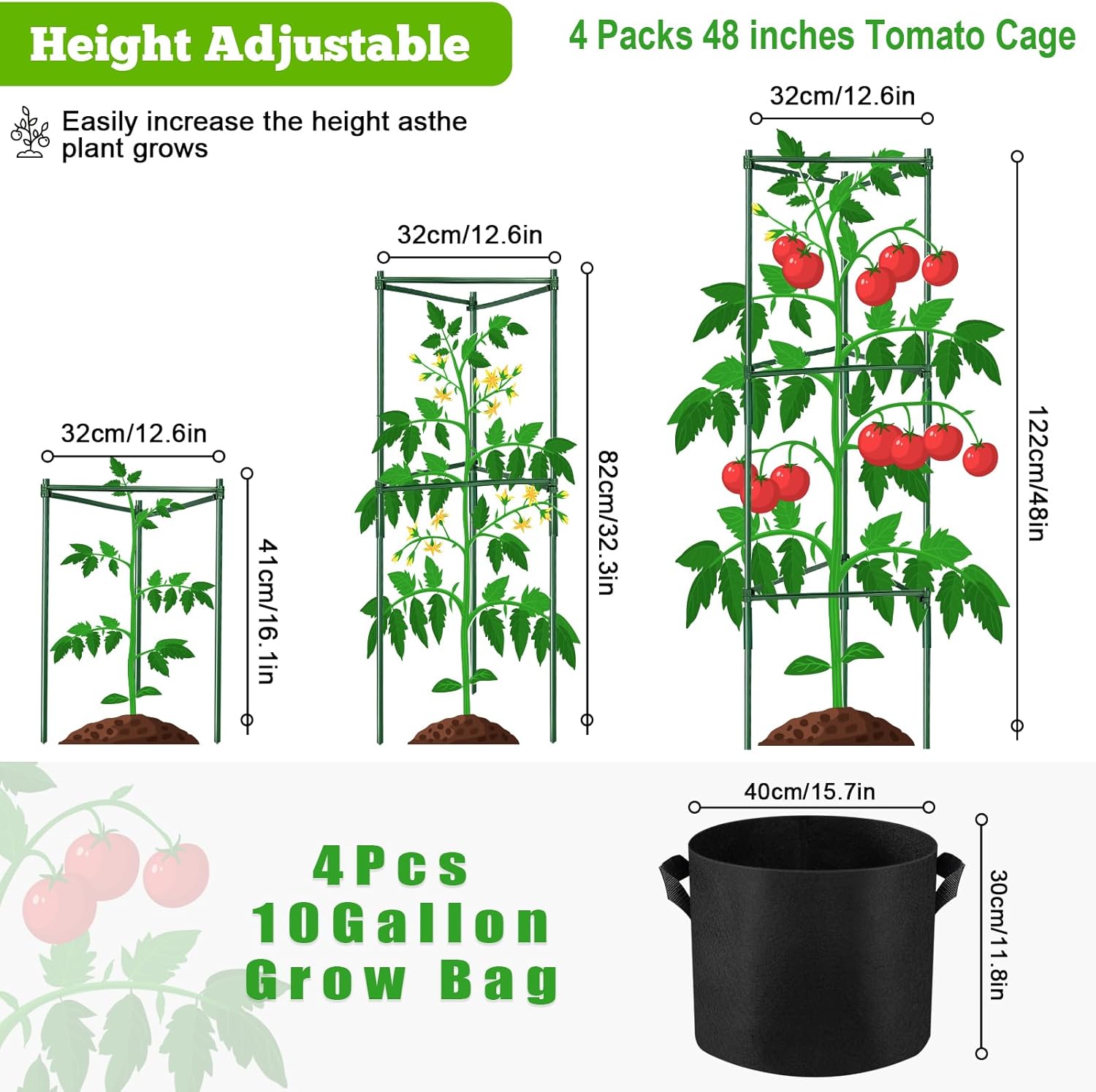 NNG 4 Packs 48 inches Tomato Cages with 10 Gallon Grow Bags,Garden Plant Support Cages,Plant Tower Stakes Garden Trellis for Climbing Plants,Tomato Plant Trellis for Vegetable Fruits Vines (4, Green)