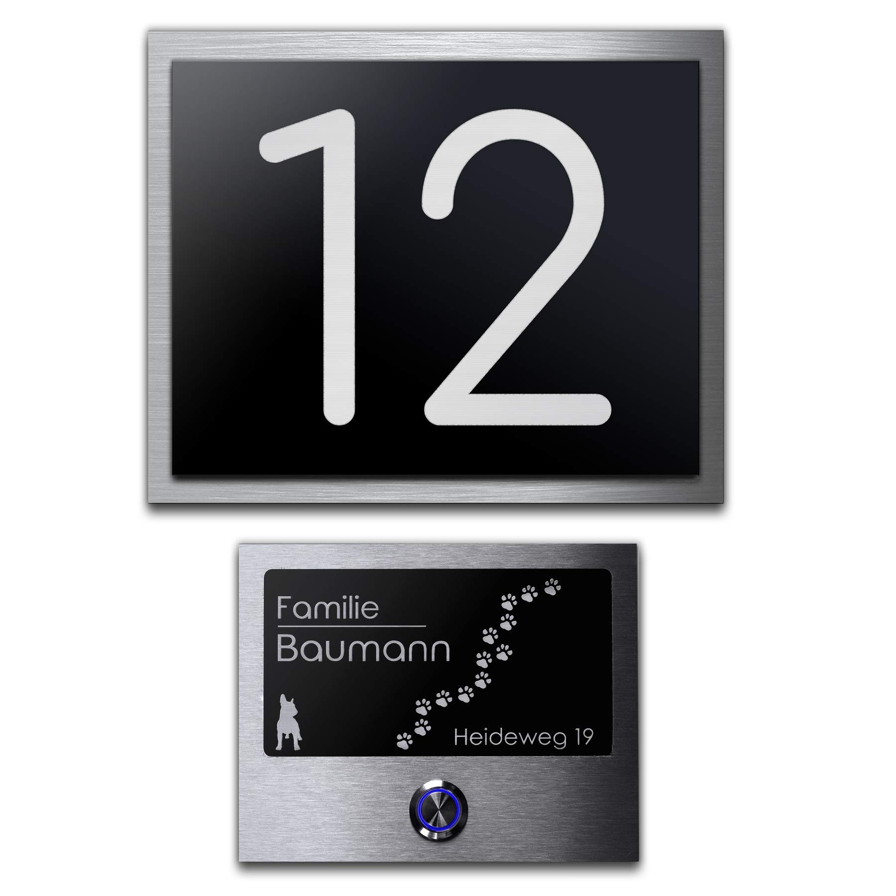 Edles Klingelschild & Hausnummer Set mit Gravur Edelstahl und Acryl Klingelplatte Türklingel mit LED