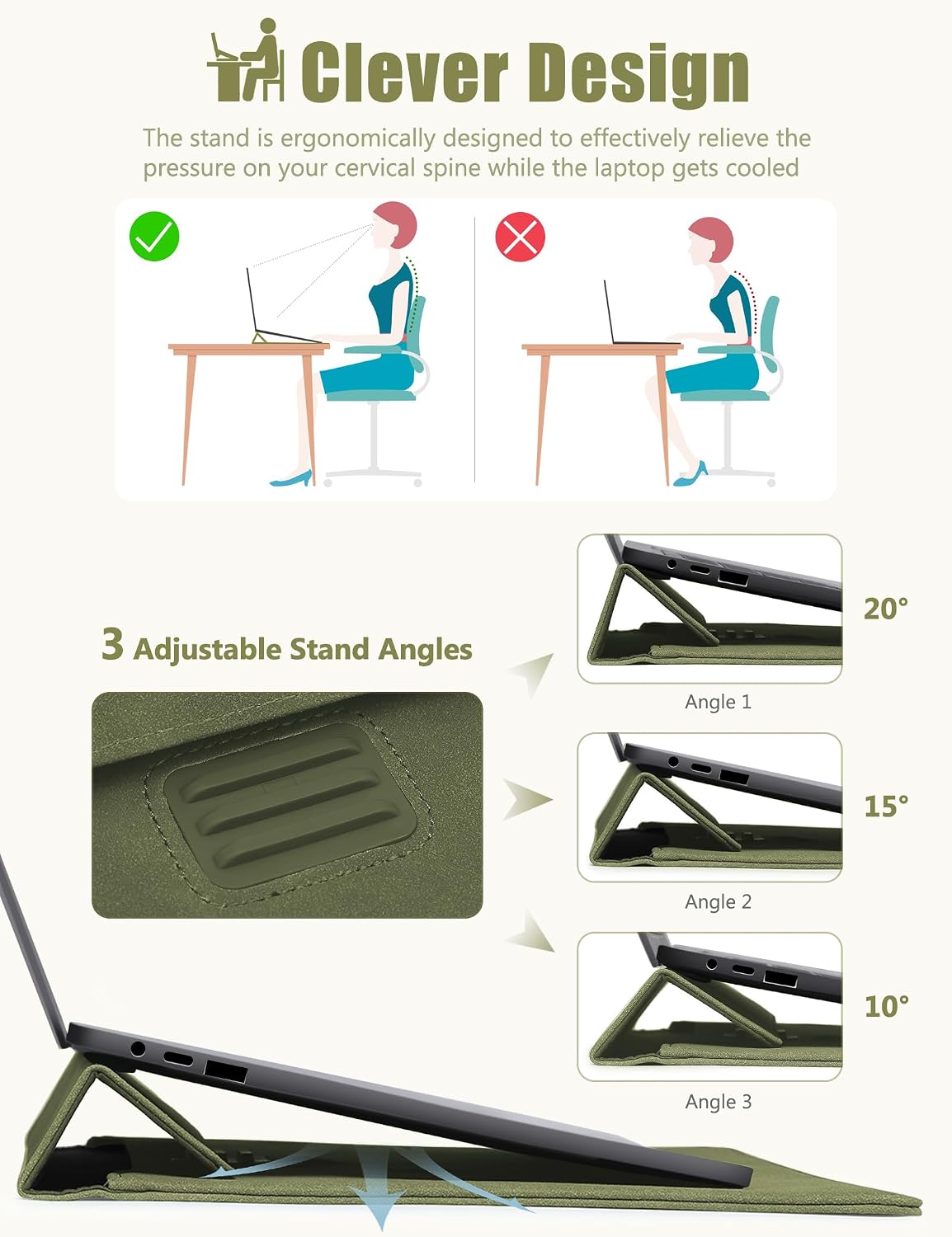 HYZUO 13.3-14 Inch Laptop Sleeve Case Bag with Adjustable Stand for MacBook Pro 14 M5/M4/M3/M2/M1 Pro/Max A3426 A3427 2026-2021, MacBook Air/Pro 13.3, 13.8-13.5 Surface Laptop, Olive Green
