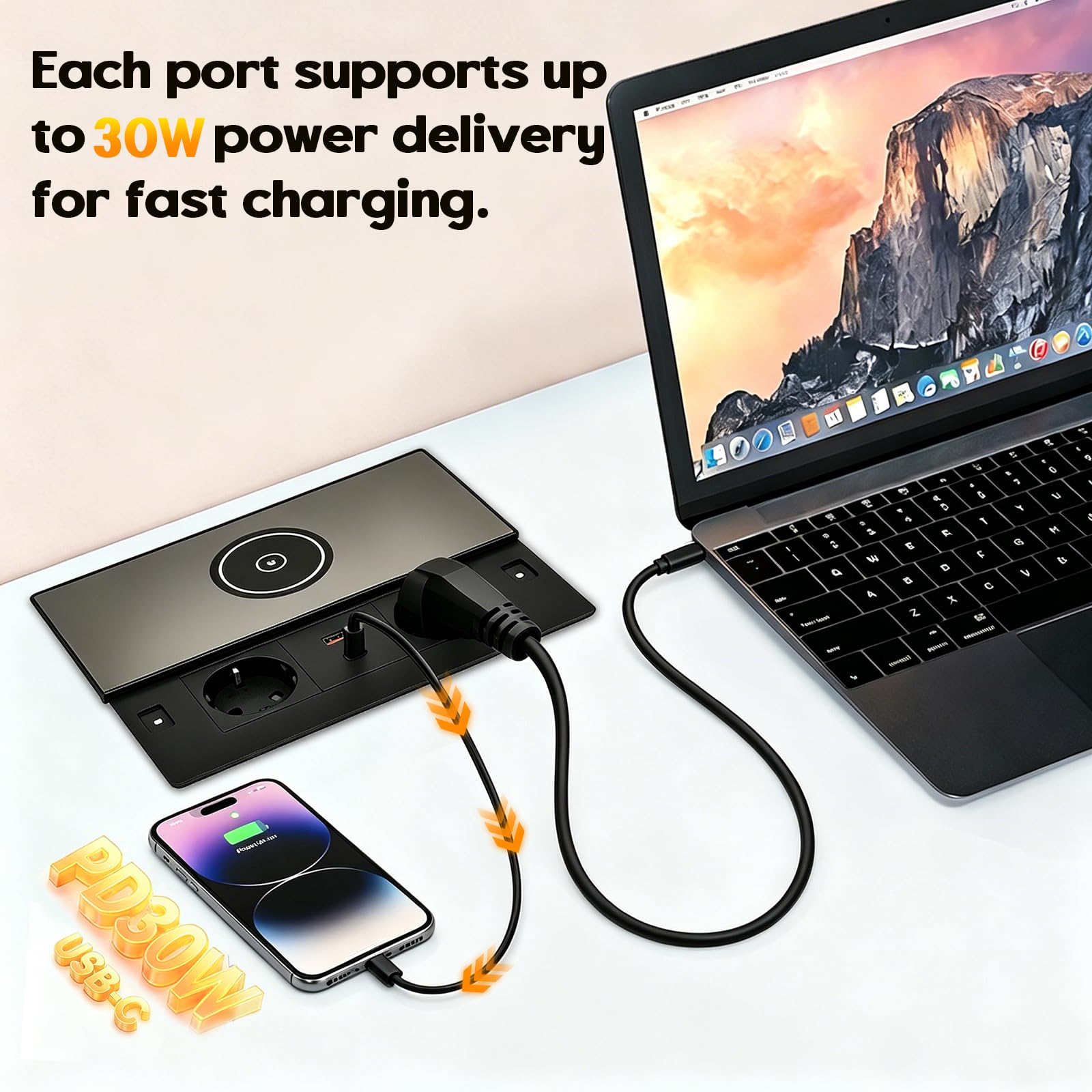 Base de enchufe de aluminio empotrable, con 2 enchufes euro, 1 USB-A, 1 USB-C PD 30W, carga inalámbrica, cable de 1,8 m, enchufe de mesa retráctil para cocina, escritorio y oficina