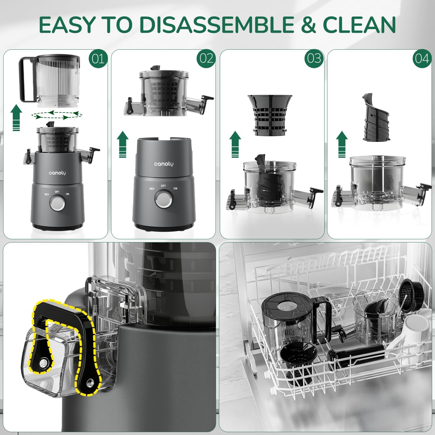 Canoly Cold Press Juicer, 350W Slow Juicer Machine with 4.5" Wide Feed Chute, Masticating Juicer Supports Whole Fruits & Vegetables, Reverse Function, Easy to Clean with Brush, Space Black - Image 9