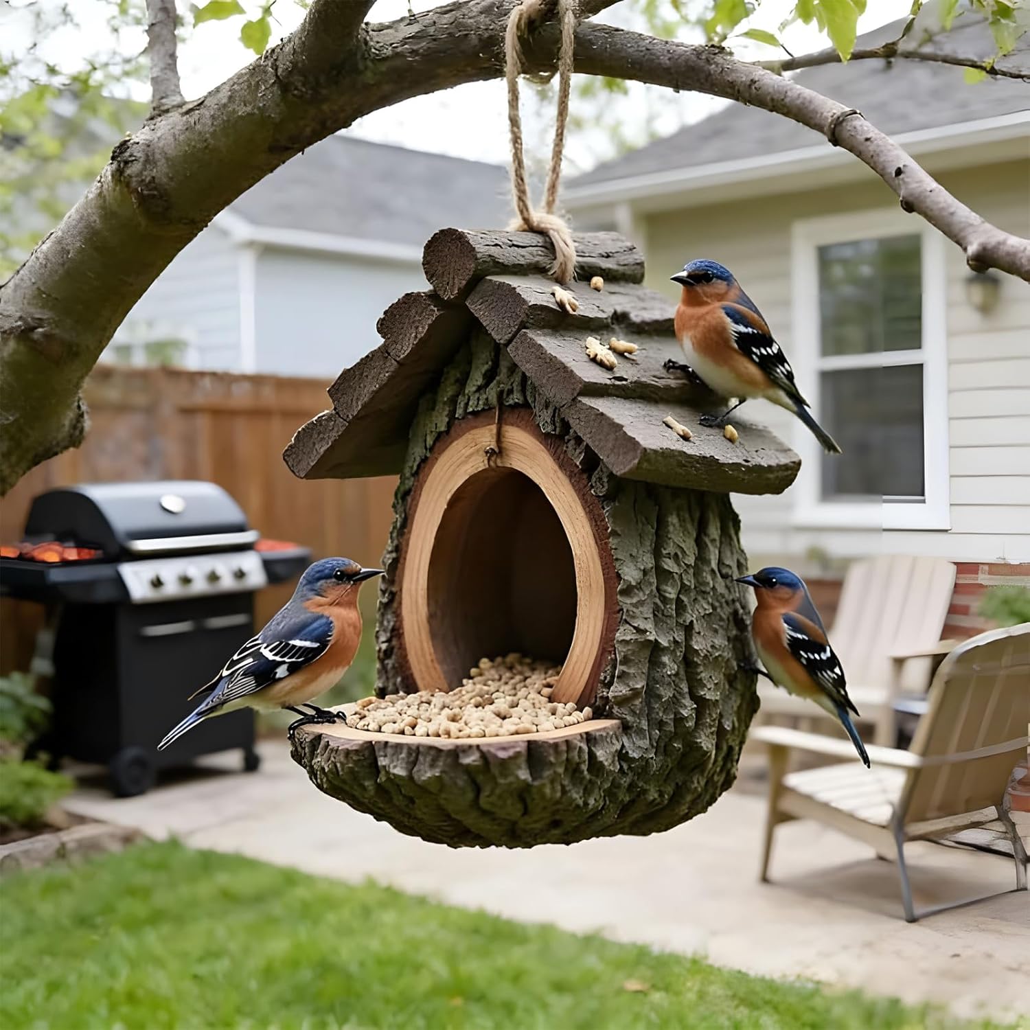 Handmade Vintage Treehouse Shape Bird Feeder, Bird Feeders for Outdoors, Waterproof Resin Tree-Mounted Sculpture, Open Design Feeding Birdhouse with Seed Tray for Outdoor Garden Decor (2 Pcs)