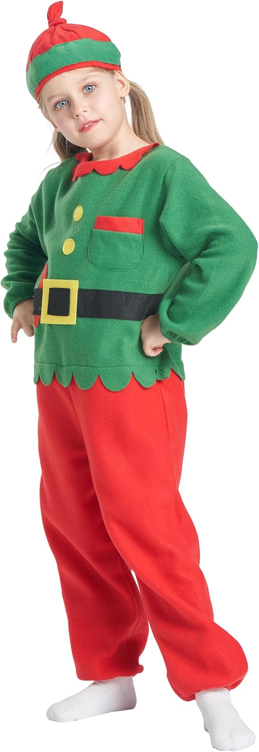 IKALI Kids Christmas Santa Elf Costume, Xmas Jumpsuit with Hat Fancy Dress Outfit for Boys 3-10 Years - Image 6