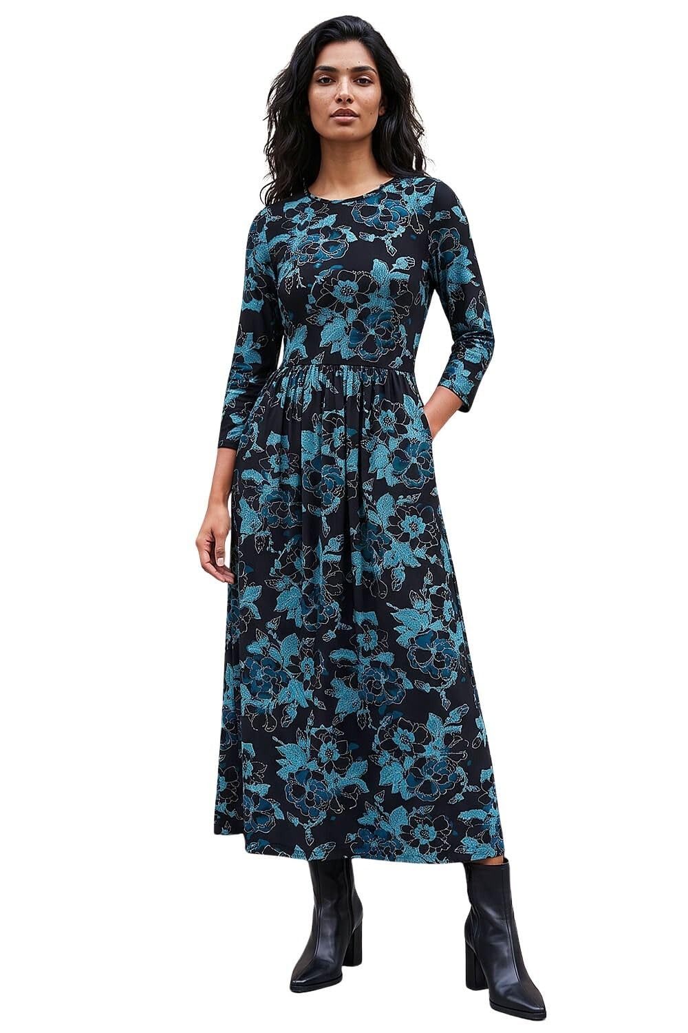 Roman Originals Midi Dress with Pockets for Women UK Ladies Stretchy Jersey Maxi Long 3/4 Length Sleeve Gathered High Waist Boho Flattering Skater Swing Fit Flare