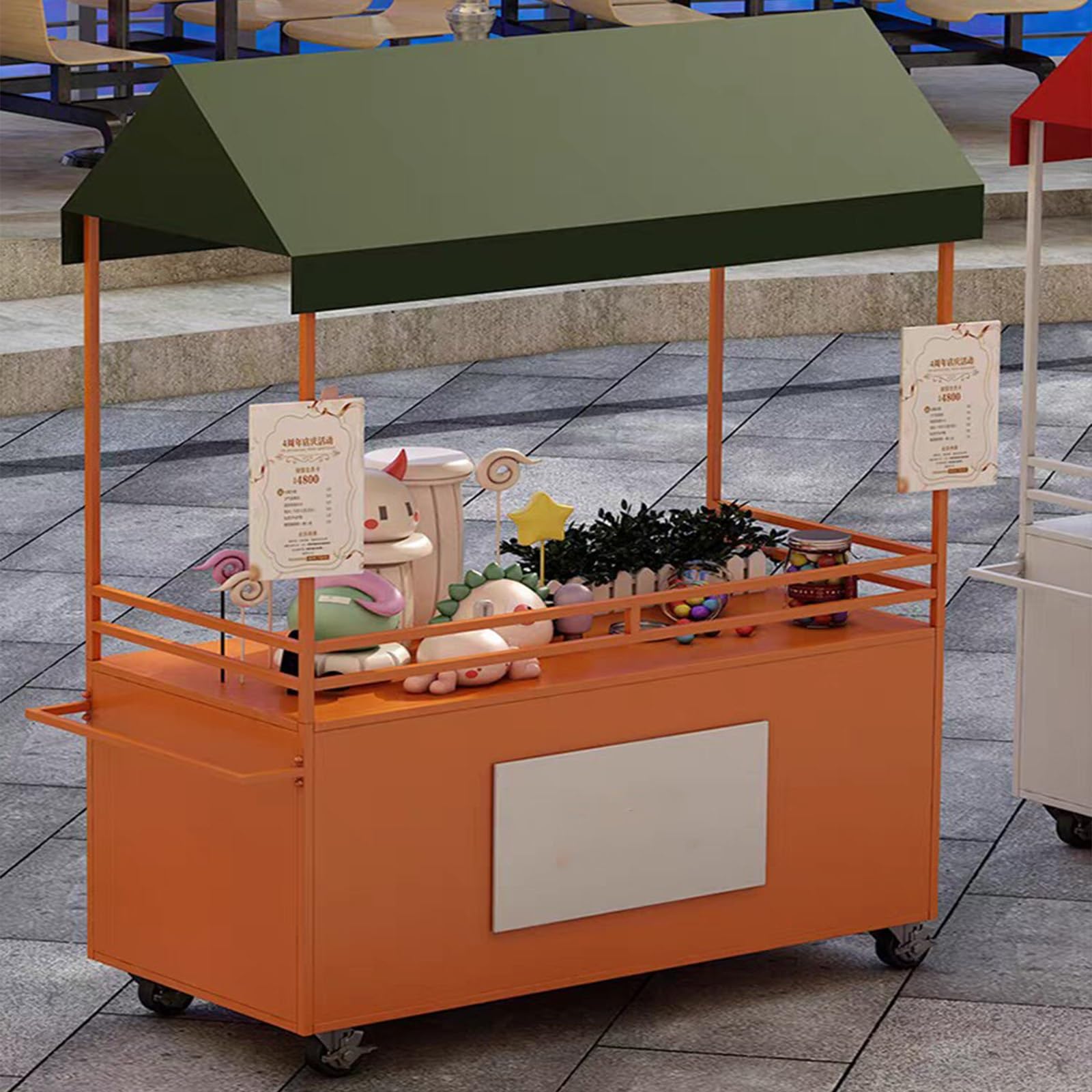 Carrito de Venta Ambulante Exterior con Toldo Impermeable, Carro de Comida con Frenos, Superficie Segura y Gran Almacenamiento(Orange,L 120CM/47.2IN)