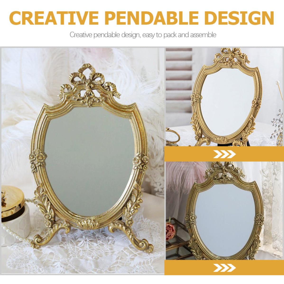 Specchio da Tavolo in Resina e Vetro Color Oro, Design Retrò Semplice e Pratico, senza Distorsione, per Ufficio e Uso Quotidiano