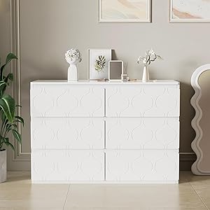 Cómoda blanca con 6 cajones, armario de pasillo, para salón, baño y dormitorio, diseño ondulado, lacado, diseño de esquina resistente a los golpes, 6 compartimentos, 110B*40T*72H