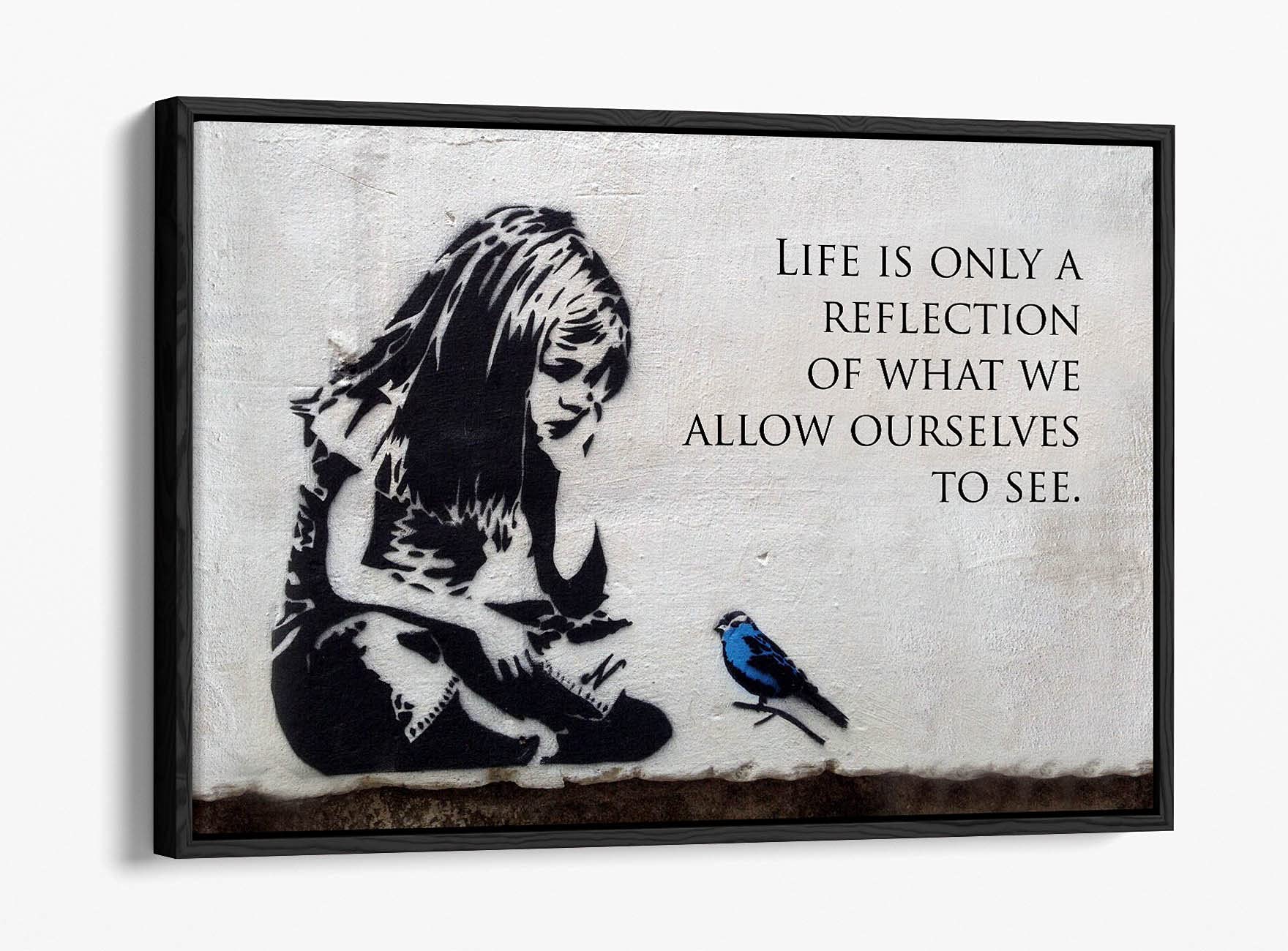 Canvasartshop Girls Black Banksy Blue Bird Quote- Float Effect Framed Canvas Wall Art Picture Print (, 18X12)