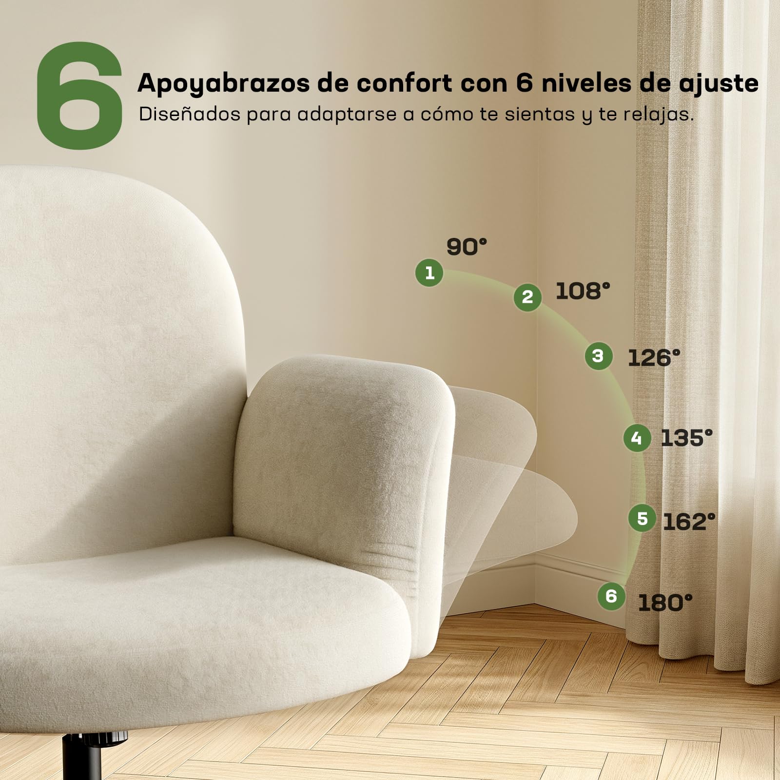 Marsail Silla Escritorio, Brazos Reg 180°, Respaldo Reclinable 105°, Beige
