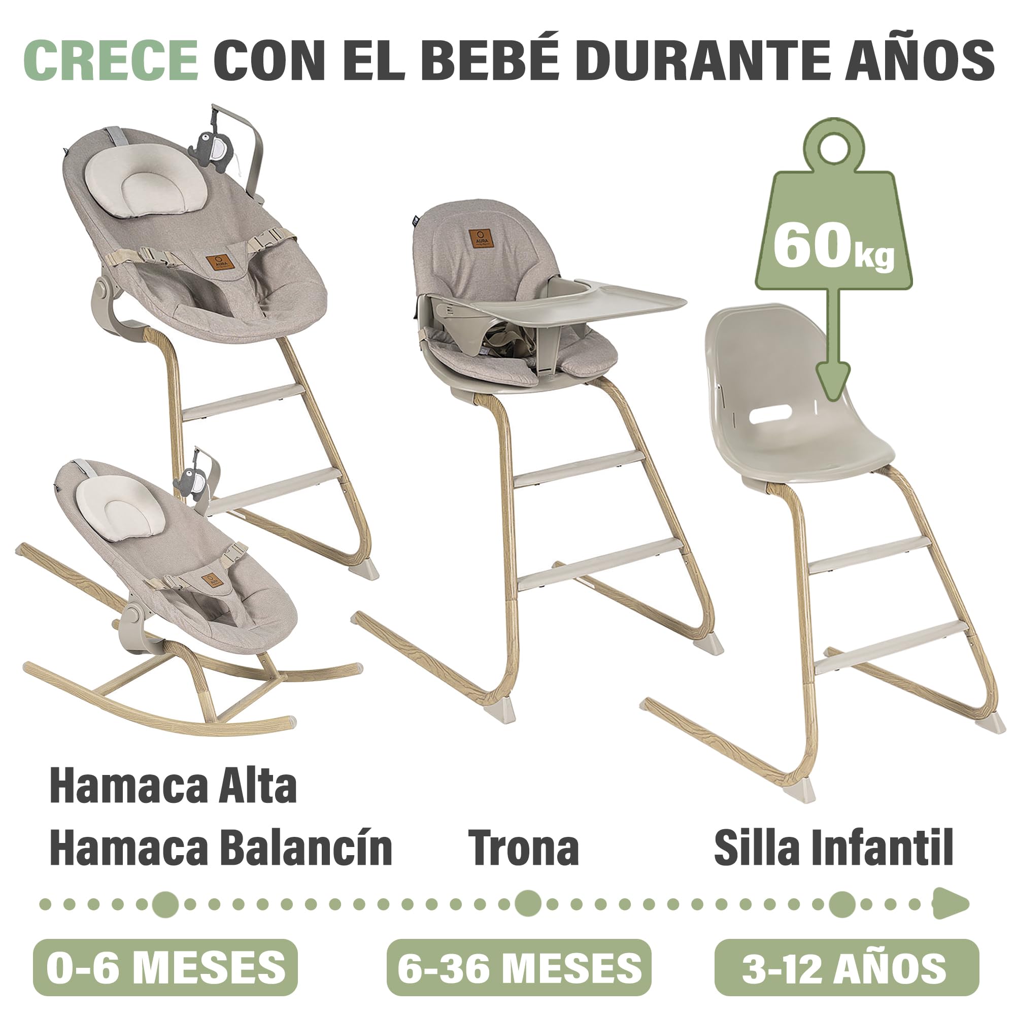 Olmitos - Trona bebé evolutiva 4 en 1 AURA regulable con hamaca alta, balancín, trona y silla alta – desde nacimiento 0+ hasta 12 años – silla infantil multifunción (Beige)