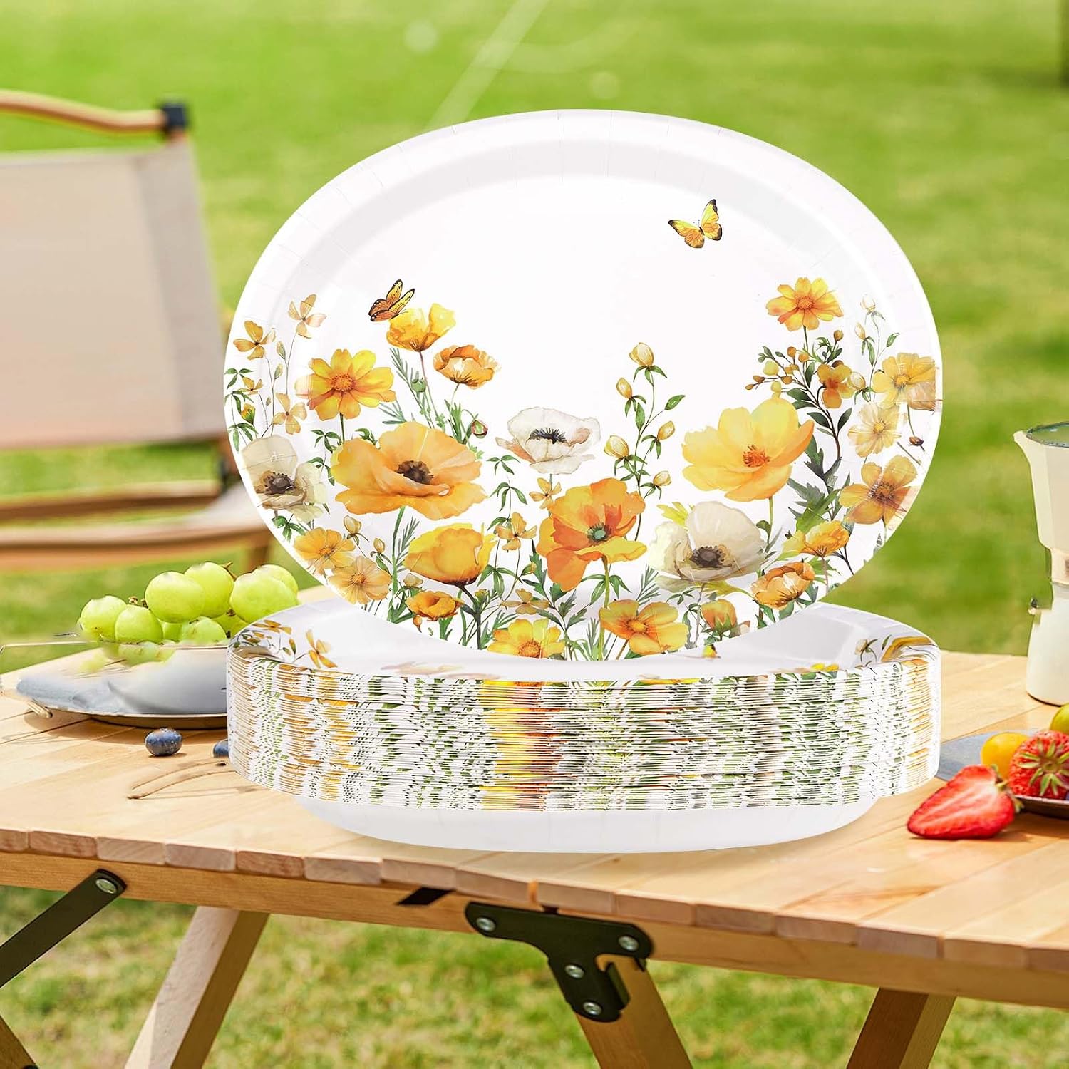 50Pcs Spring Floral Oval Paper Plates 10" x 12" Large Disposable Heavy Duty Watercolor Calliopsis Flower Platters Yellow Flowers Dessert Plates for Seasonal Lunch Dinner Birthday Party Supplies