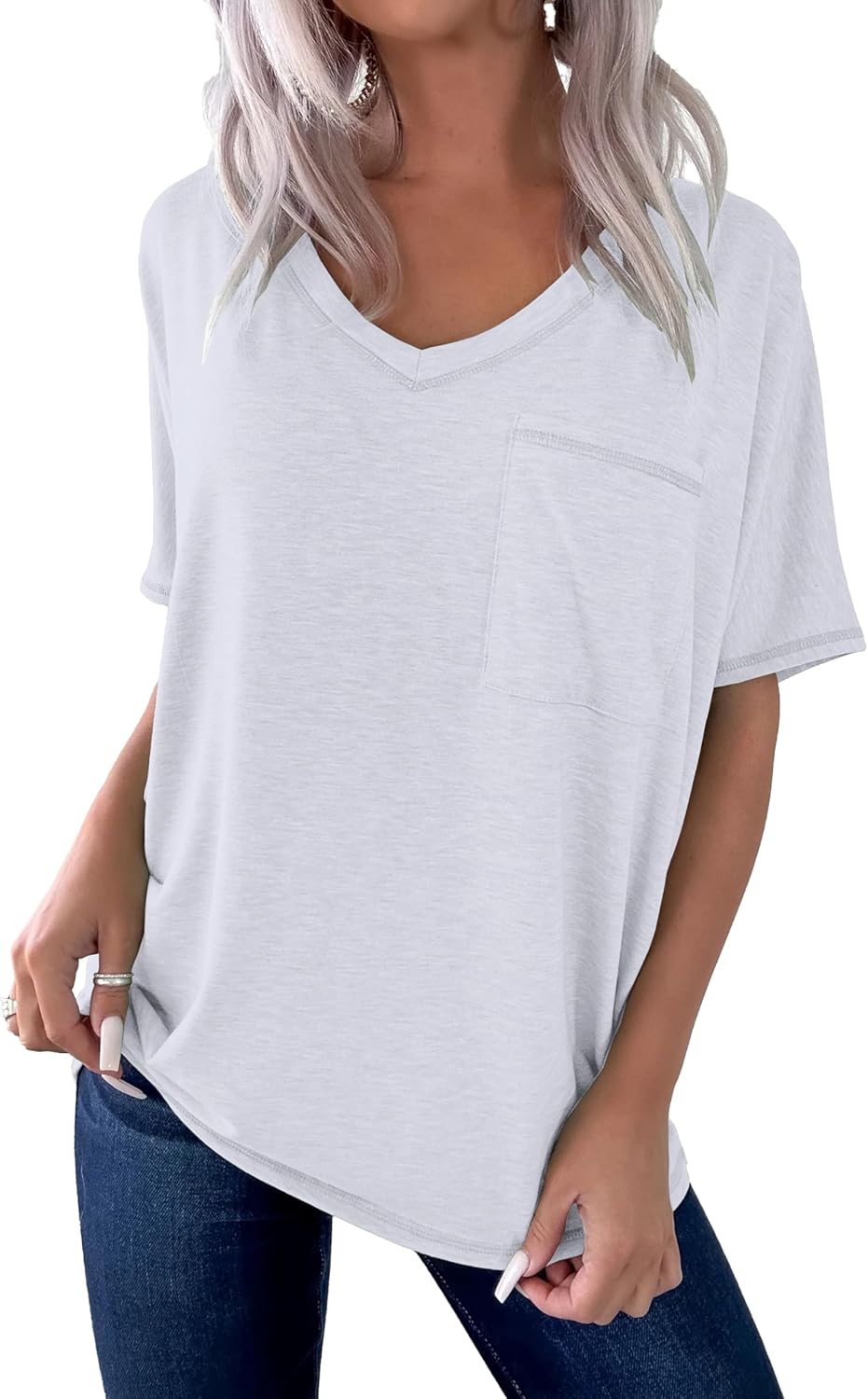 Women's Oversized T-Shirt Short Dolman Sleeve V-Neck Tee Boxy Fit Drop Shoulder Top Loose Shirt with Chest Pocket