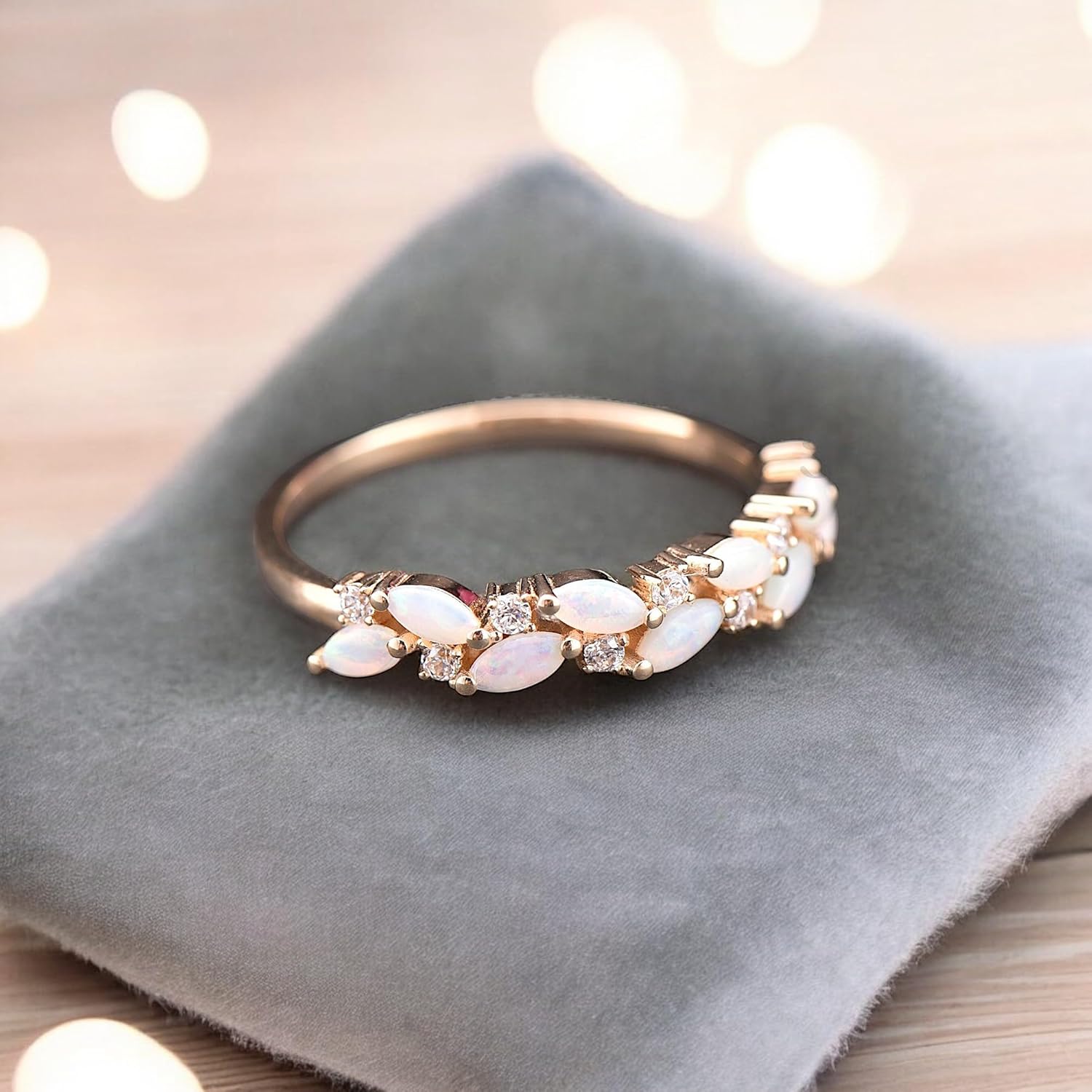 Antique Marquise Cut Opal Wedding Band, Unique Rose Gold Half Eternity Stack Band, Vintage Moissanite Wedding Ring, Custom Bridal Promise Ring - Handmade Vintage Jewelry Set for Women