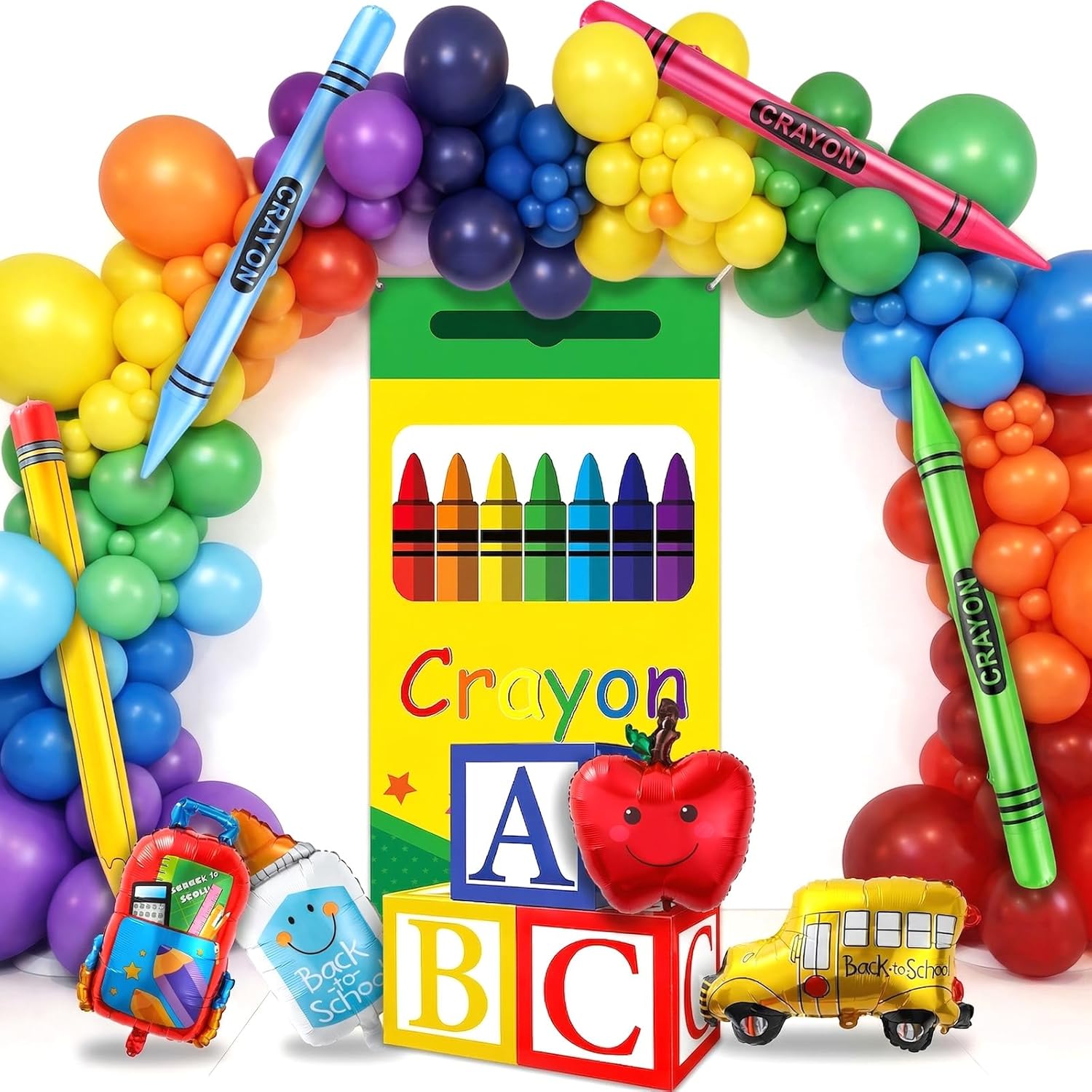 107 Pcs Giant Back to School Balloon Arch Backdrop Kit Graduation ABC Box Inflatable Pencil Crayon Schoolbag Bus Apple Foil Balloons for First Day of School Celebration Party Decor(Crayon Box)