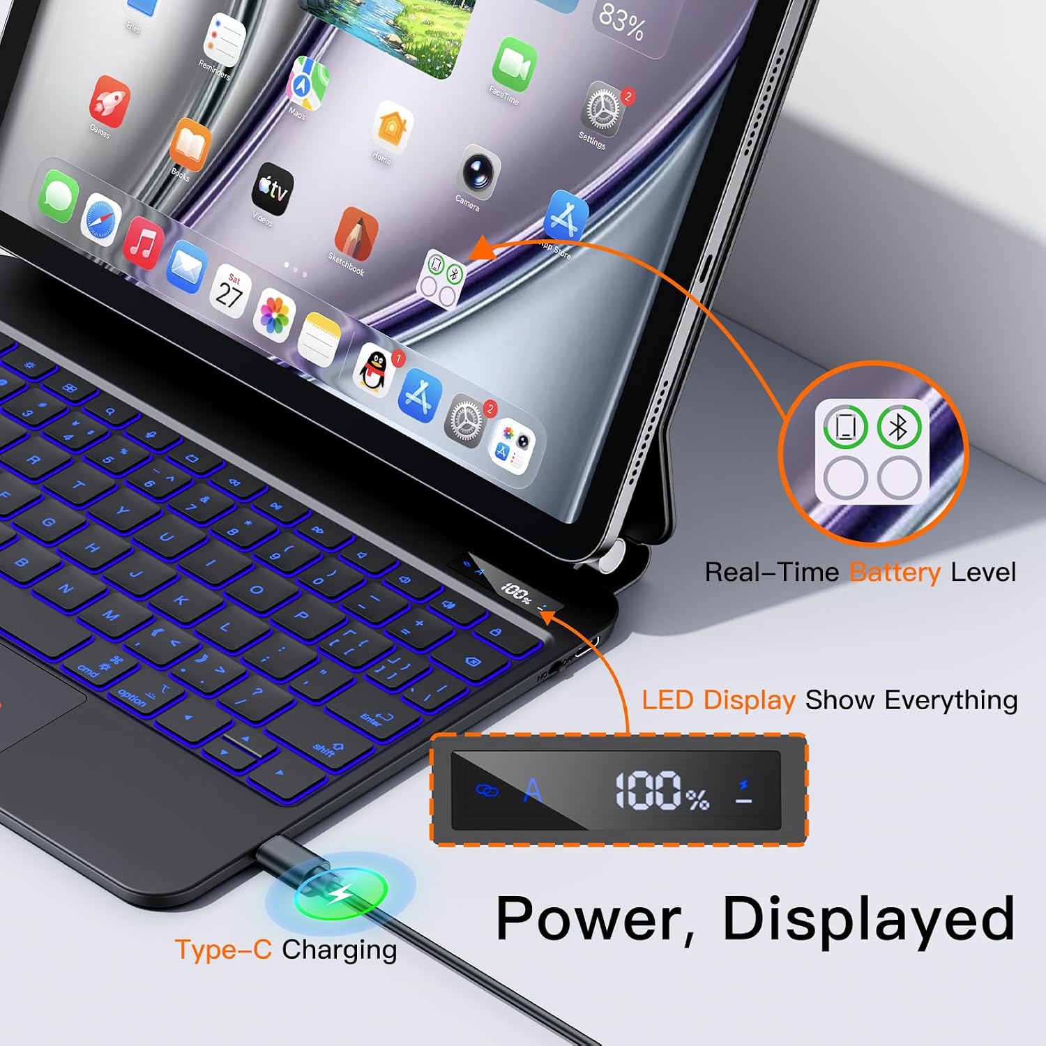 JUQITECH Magic Keyboard for iPad Air 13 M4/M3/M2 2026/2025/2024, iPad Air 13 Inch Keyboard Case with Multi-Touch Trackpad, LED Display, 6-Row Backlit Keys, Floating Cantilever Stand for iPad Pro 12.9