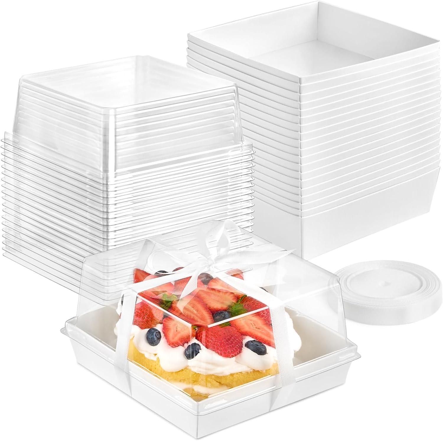 Kucoele 20 Pack 7" x 7" x 4" White Paper Cake Boxes with Clear Lids | Square Charcuterie Boxes, Disposable To Go Food Containers, For 4-6 Inch Cake, Jumbo Cupcakes, Bakeries