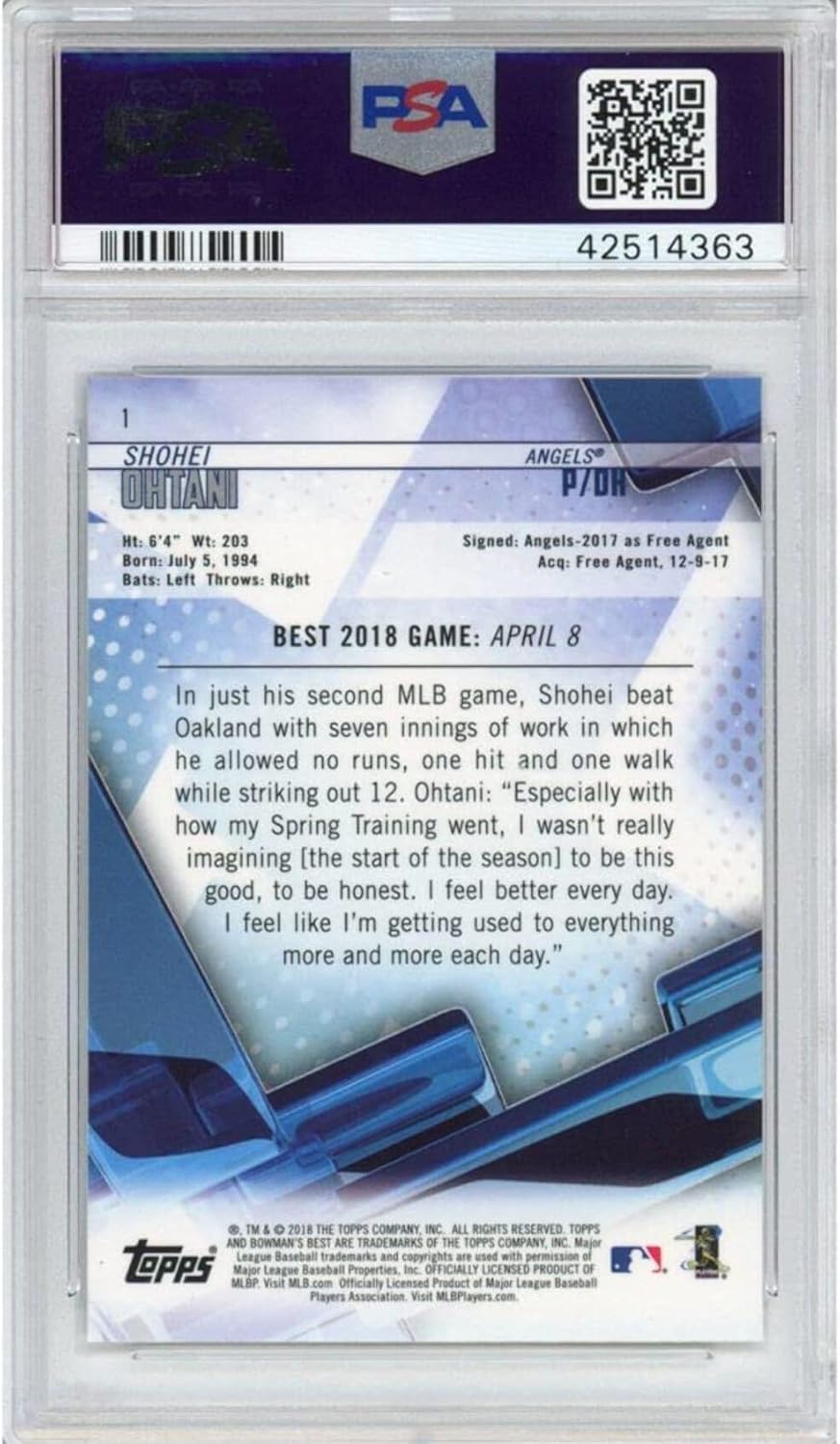 Graded 2018 Bowman's Best Shohei Ohtani #1 Rookie RC Baseball Card PSA 10 Gem Mint