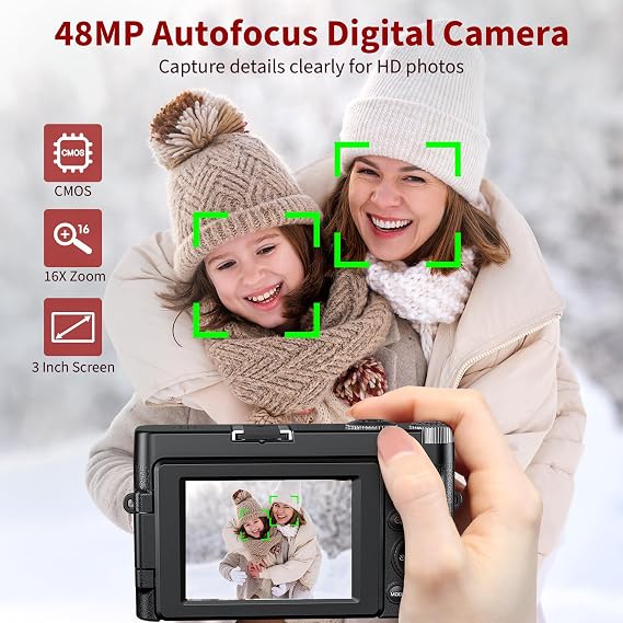 4K Digitalkamera 48MP Autofokus Kompakte Digitalkamera mit 32GB Karte 7.6 cm 180° Flipscreen 16X Digitalzoomkamera mit 2 * 800mAh Batterien für Anfänger