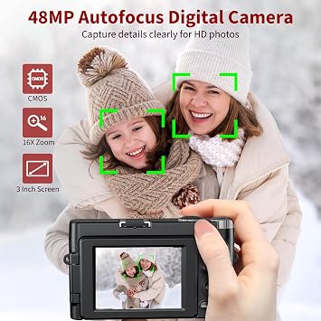 4K Digitalkamera 48MP Autofokus Kompakte Digitalkamera mit 32GB Karte 7.6 cm 180° Flipscreen 16X Digitalzoomkamera mit 2 * 800mAh Batterien für Anfänger