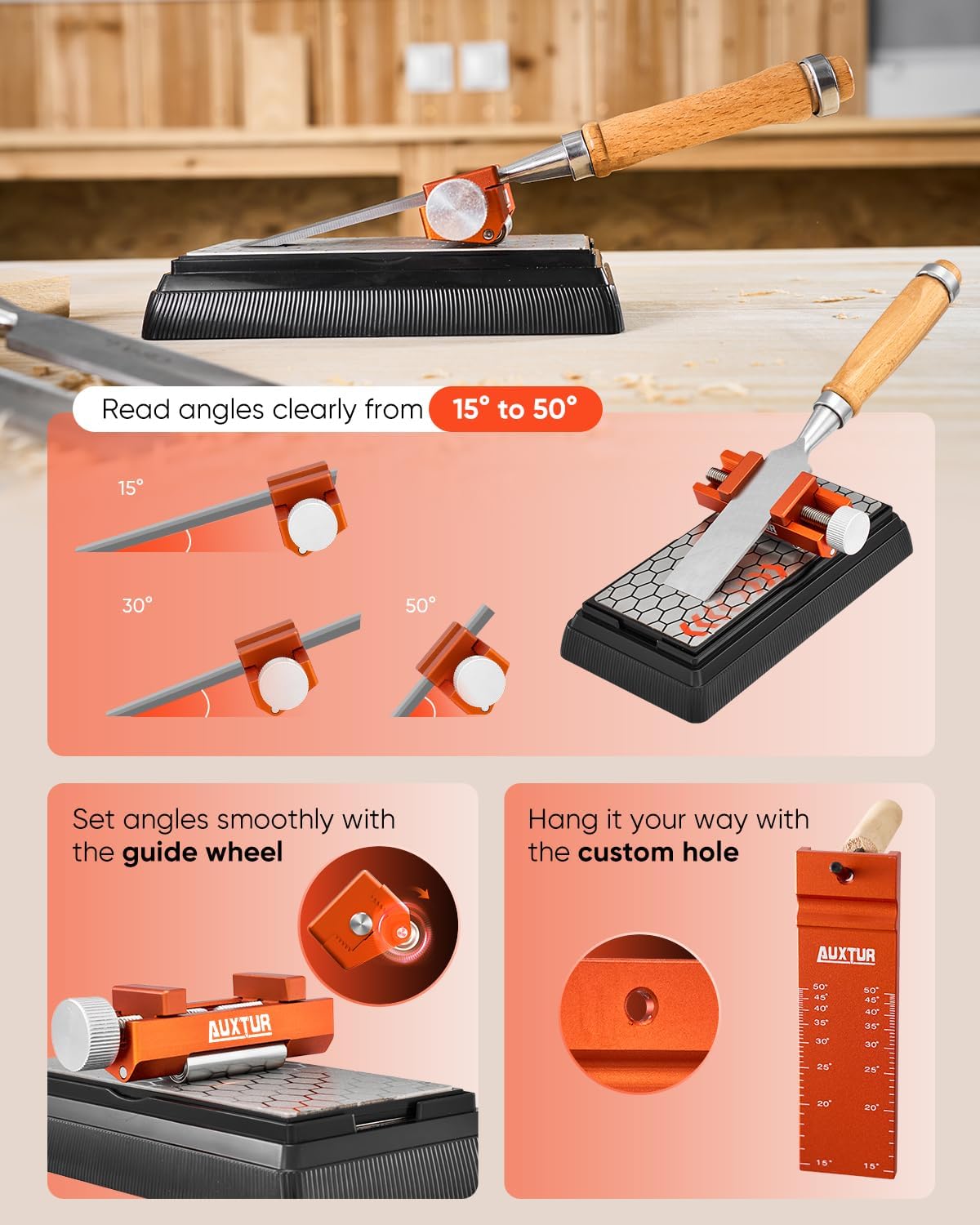 Honing Guide & Chisel Sharpening Jig Set with Angle Rule | Sharpening Angle Guide 15°–50°, Alloy Steel Roller Guide, Whetstone Sharpening Stone for Woodworking Chisel & Planer Blade