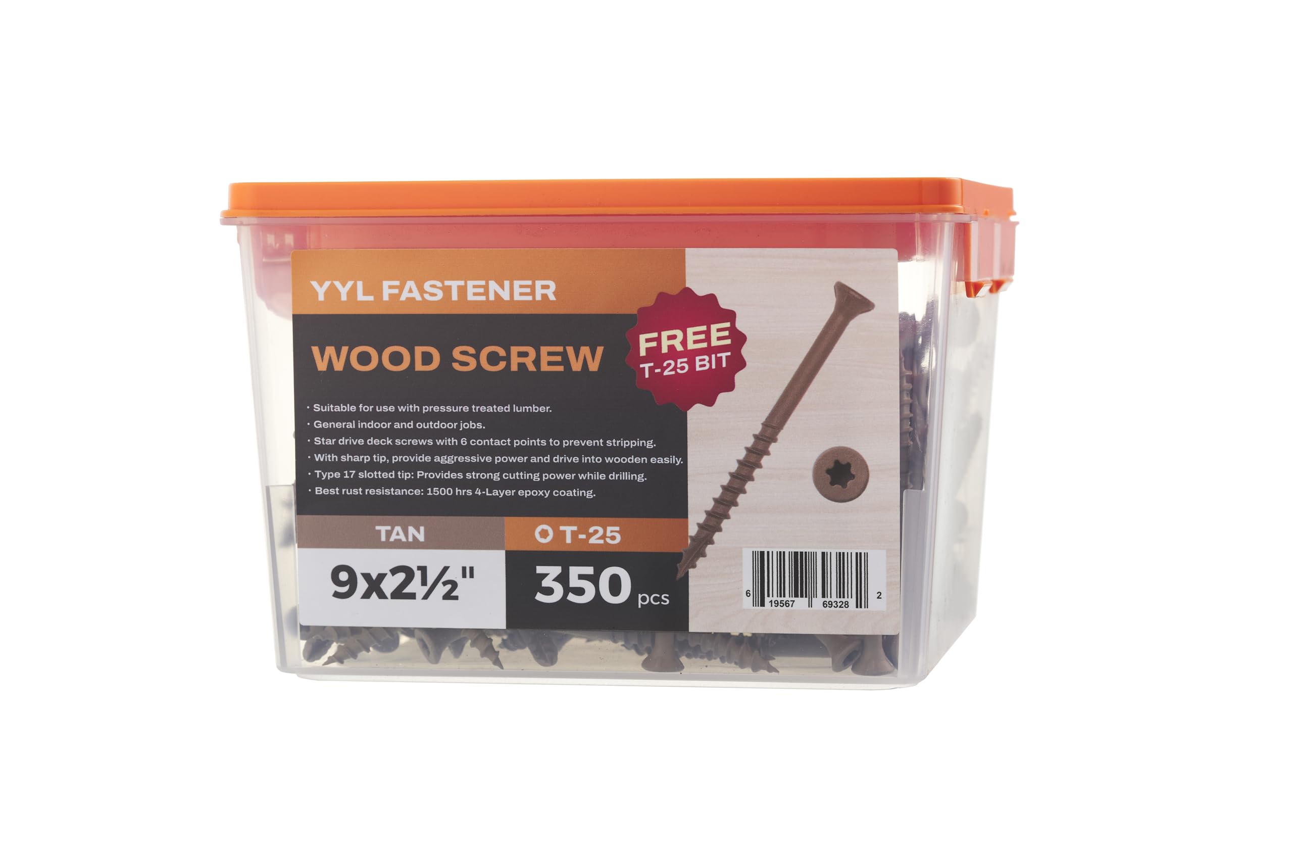 Vis à bois #9 x 2-1/2, vis à bois autotaraudeuses Torx T25, pointe fendue de type 17, 1 embout gratuit inclus (brun clair, 350) YYL FASTENER