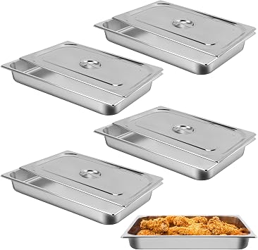 Hotel Pan, Full Size Steam Table Pan 2.5" Deep Stainless Steel With Lid 20.8" L x 13" W Anti-Jam Buffet Commercial 4 Pack