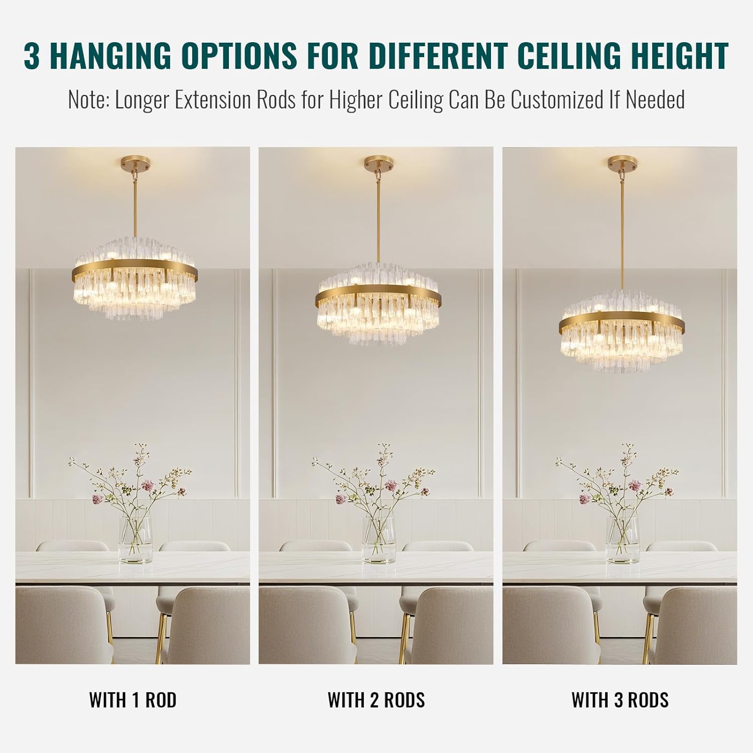 Siljoy 12 Lights Gold Crystal Chandelier for Dining Room, 23.6'' Modern 3-Tiers Raindrop Chandelier with Wave Curved Glass Rods, Luxury Dimmable Crystal Ceiling Light for Living Dining Room Kitchen
