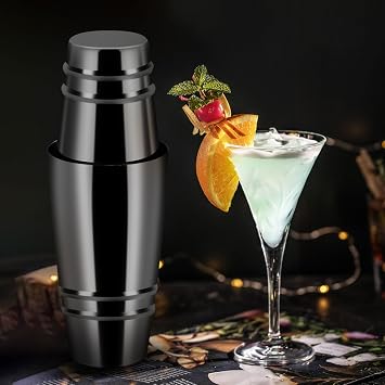 Boston Shaker: 18 & 28oz Weighted Cocktail Shaker Set. Stainless Steel Martini Drink Shaker, Two-Piece Heavy Metal Boston Tins Only (Embossed measuring cup) (Black)