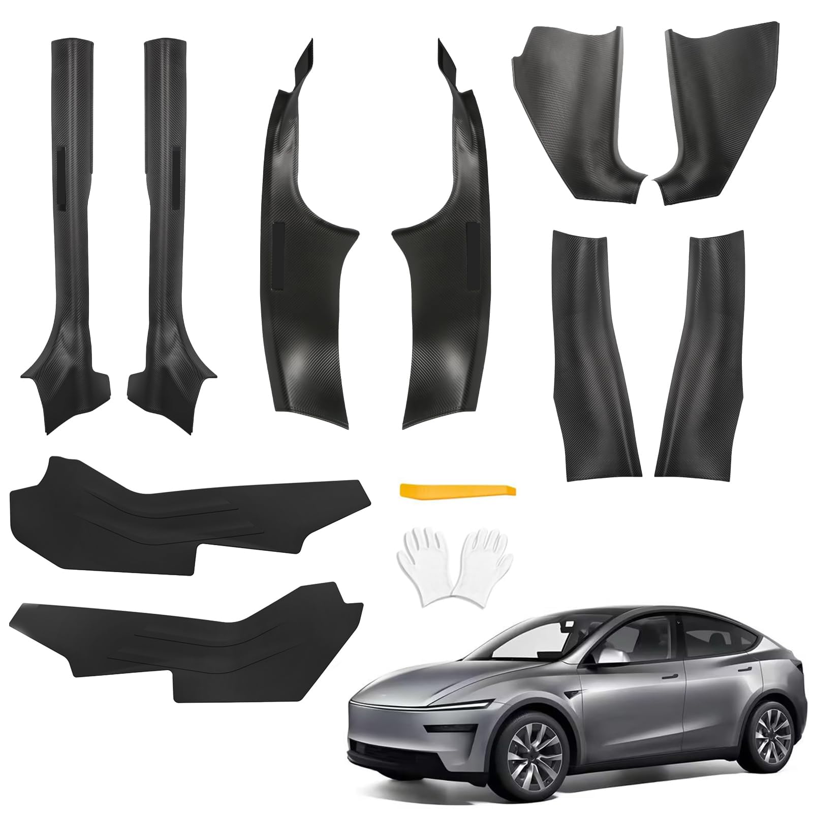 8Pcs Door Sill Protector and 2Pcs Center Console Anti-Kick Pads for Tesla Model Y Juniper 2025 2026 Front and Rear Door Pedal Kick Protection Carbon Fiber Friction Resistant Interior Accessories
