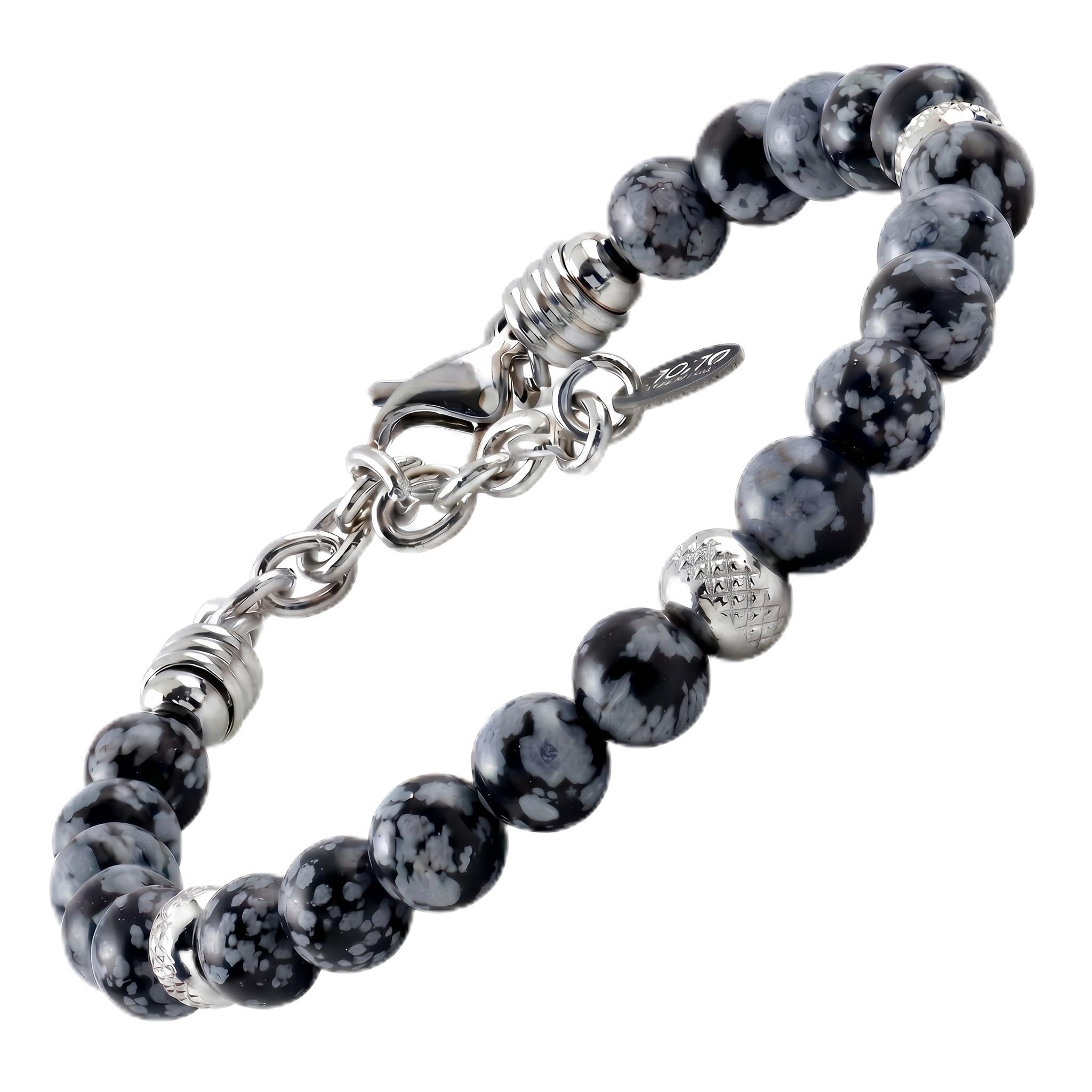 10:10 Bracciale con pietre naturali ossidiana da 6 mm, beads in acciaio inox, bracciale molto resistente prodotto in Italia