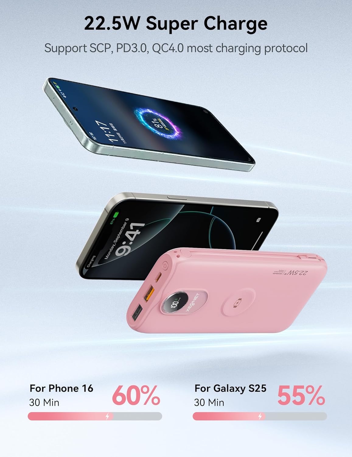 Portable Charger, 10000mAh 22.5W Fast Charging Power Bank with Built in Cable & Wall Plug, Travel Essential Battery Pack with LED Display, External Charger for iPhone 17/16, iWatch 11/10/9/8/Ultra/SE - Image 3