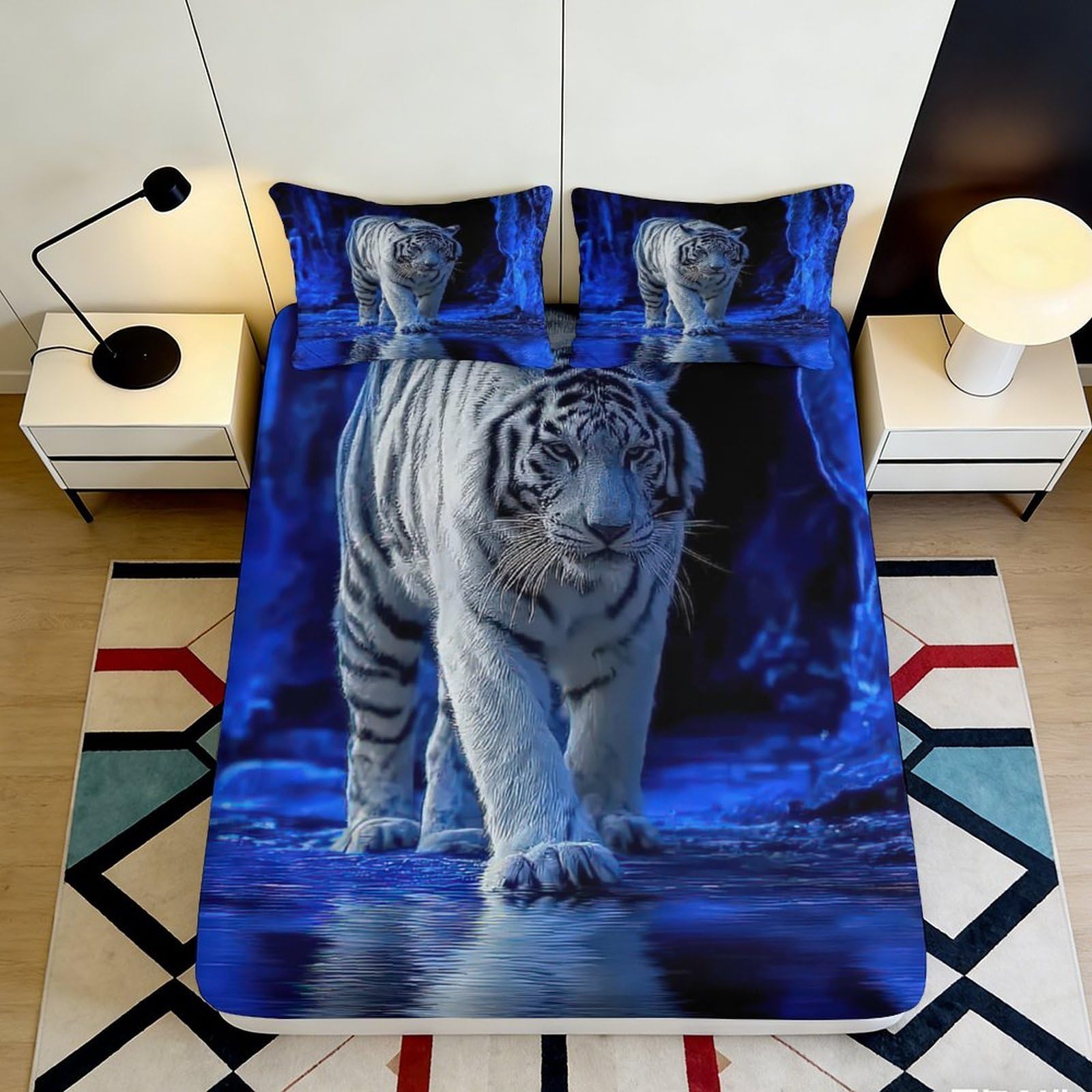 K1r3d9e5 Style-6 3D Printed White Tiger Fitted Sheet Microfiber Bedroom Decor Blue Jungle Bed Cover For Adult Youth Guest Room 90X200x25cm