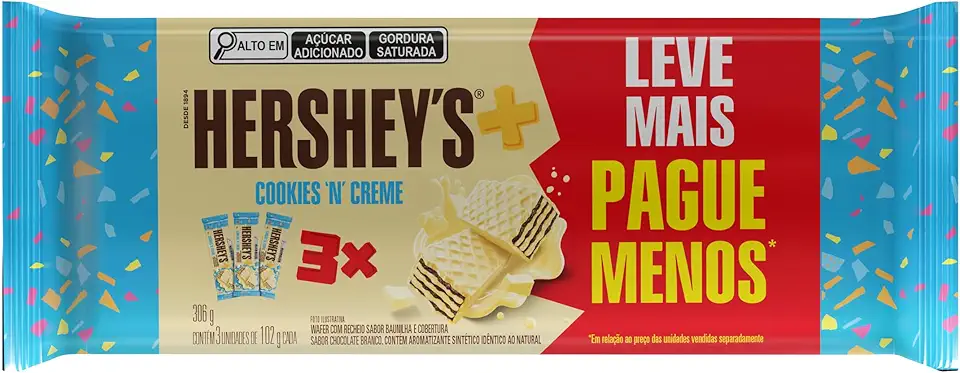 WAFER COM RECHEIO SABOR BAUNILHA E COBERTURA SABOR CHOCOLATE BRANCO HERSHEY'S MAIS CNC TRIPACK 16x306g