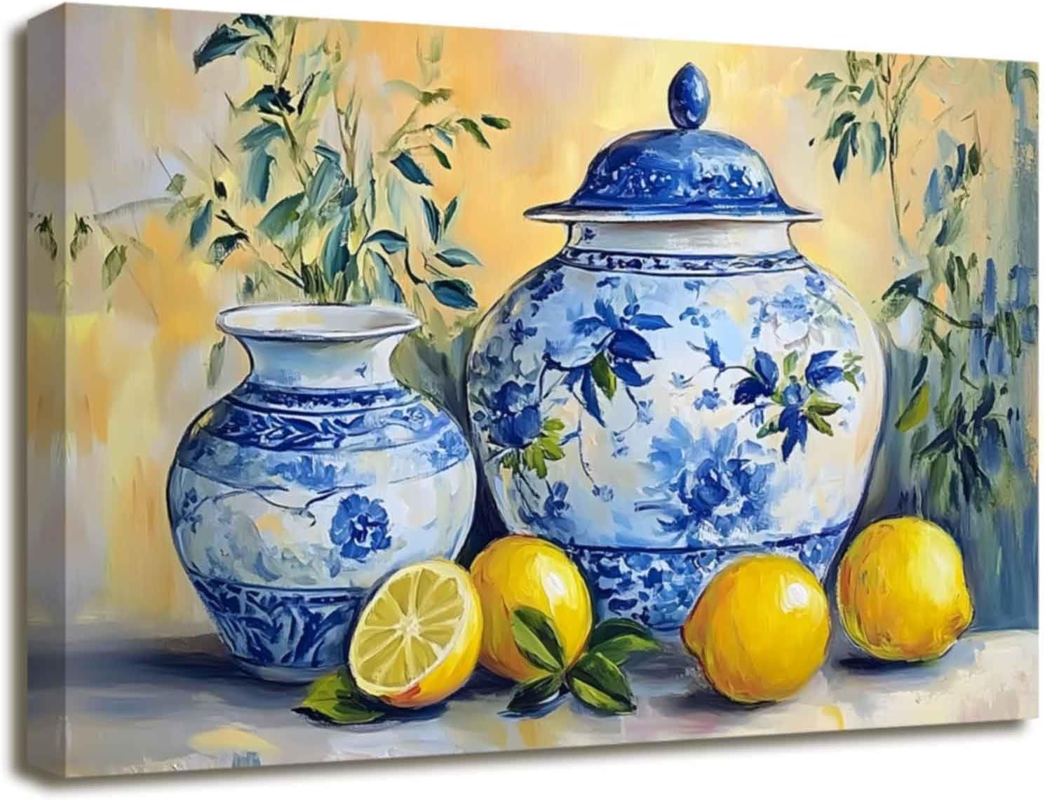 XLMDYYSW Lemon Wall Art Citrus Prints for Kitchen Wall Decor Yellow Fruit Pottery Canvas Picture Blue Classical Painting for Farmhouse Bathroom Framed (Yellow, 12.00" x 18.00")
