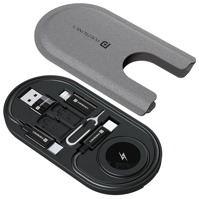 Portronics Snapcase 6 60W Multifunctional Fast Charging Data Cable Kit with Wireless Watch Charging Slot, Conversion Set USB A & Type C to Type C/Lightning, Data Transfer, Sim Storage, Sim Eject Pin