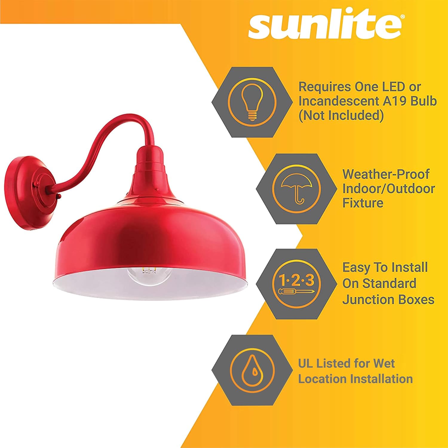 Sunlite 46069-SU Gooseneck Rustic Barn Light Fixture, Wall Mount, Medium Base (E26) Socket, Standard A19 Bulb Required (60W Max), 12 Inch, Indoor and Outdoor Use, ETL Listed Wet Location, Red