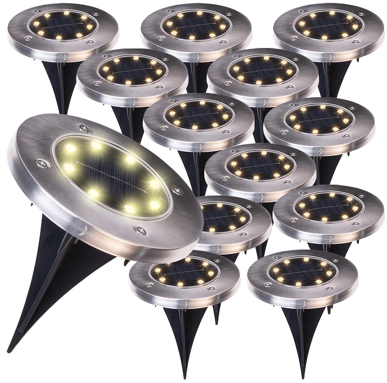 Lunartec Erdspieß-Bodenleuchten: 12er-Set Akku-Solar-Bodenleuchten, Edelstahlgehäuse, 8 LEDs, wamweiß (Solarleuchten Garten Boden, LED-Solar-Bodenstrahler, Beleuchtung)