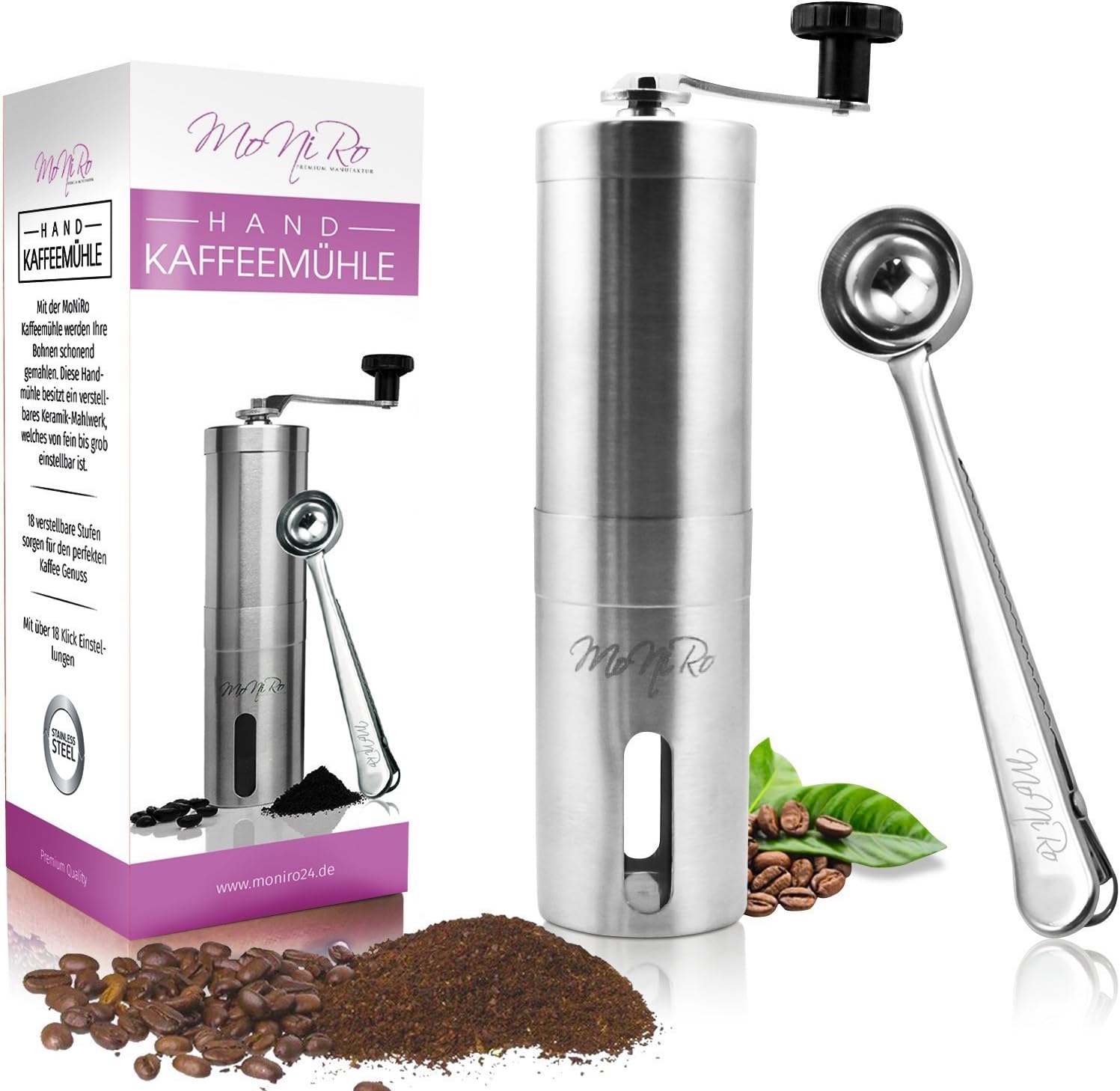 MoNiRo® Manual Coffee Grinder with Adjustable Ceramic Grinder – High-Quality Stainless Steel Manual Coffee Grinder for Espresso, Filter Coffee, French Press and Turkish Coffee