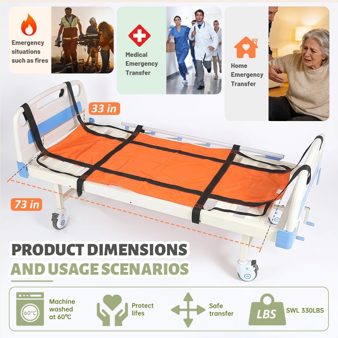 EZ Assistive Emergency Evacuation Sheet for Bedridden Patient be Evacuated in Emergency with Safety Buckle Belts, Casualty Rescue System, First aid Sheet (Orange)
