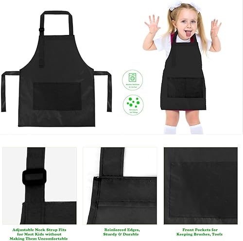 Vista 8 de BeeGreen Delantales de cocina para niños con correa ajustable, con bolsillo frontal para niños pequeños, pintores, artistas horneados negro