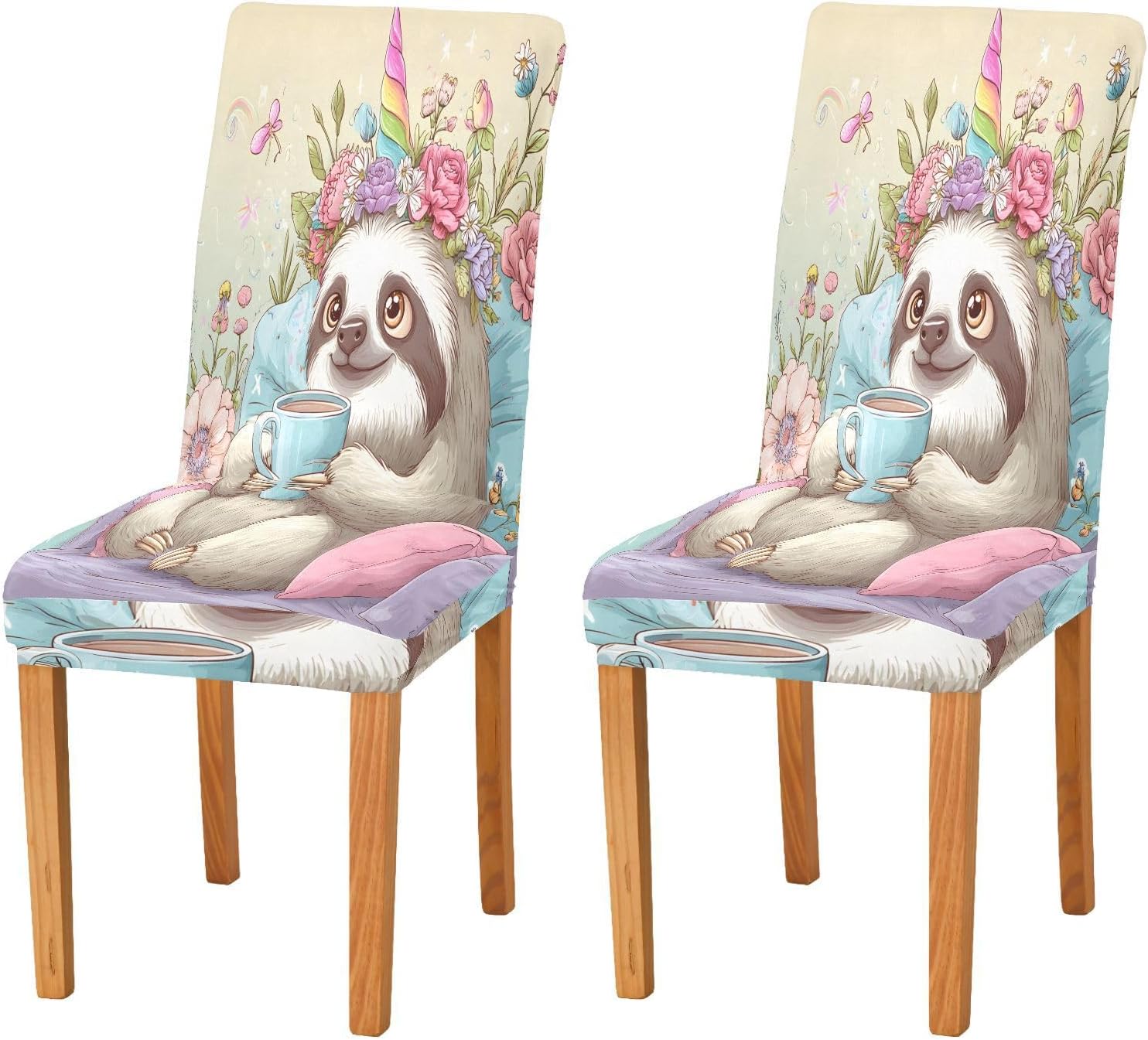 ALAZA Chair Covers for Dining Room, Cute Sloth with Coffee Stretch Chair Cover Sets Chair Protector Removable Washable for Ktichen Restaurant Hotel