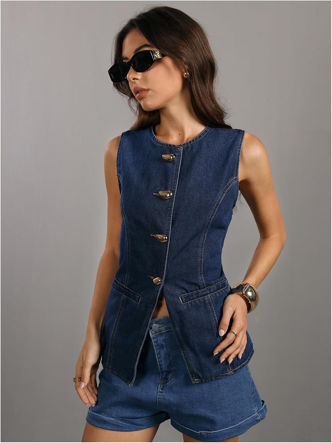 Women's Button Up Denim Vest Summer Crew Neck Sleeveless Vintage Jean Tops