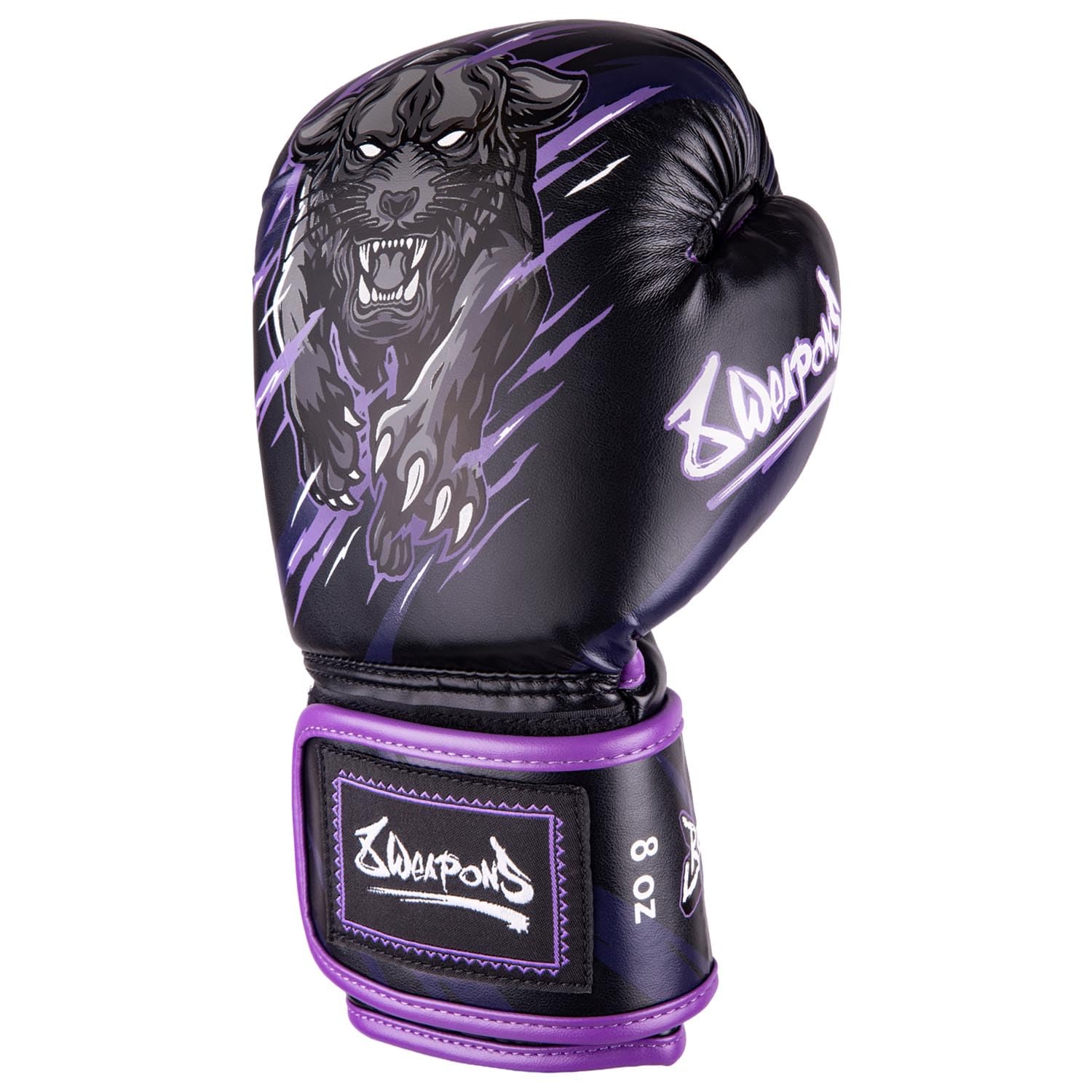 8 WEAPONS Boxhandschuhe Kinder, Beastial Panther, Schwarz-Lila, Kinder Boxhandschuhe, Kunstleder, Perfekte Dämpfung für optimalen Schutz, Handschuhe für Muay Thai, K1, Boxen, MMA und Kickboxen