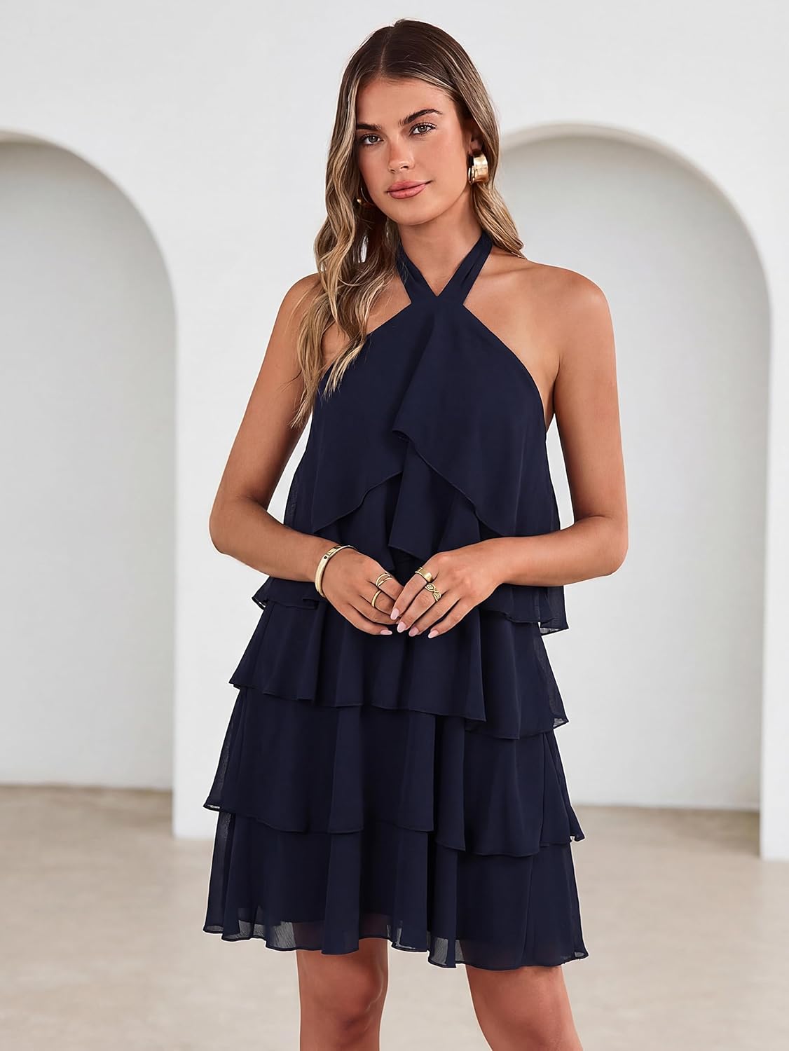 Simplee Womens Summer Floral Mini Dress Casual Sleeveless Halter Ruffle Tiered Chiffon Boho Beach Vacation Short Dresses - Image 5