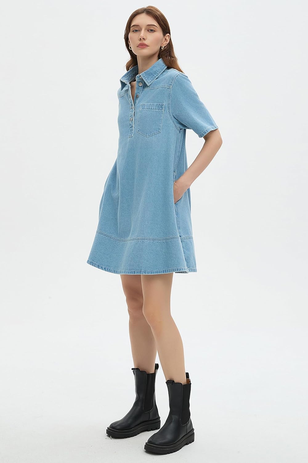Womens Denim Shirt Dress Collared Button Up V Neck Casual A Line Jean Dresses Blue - Image 4