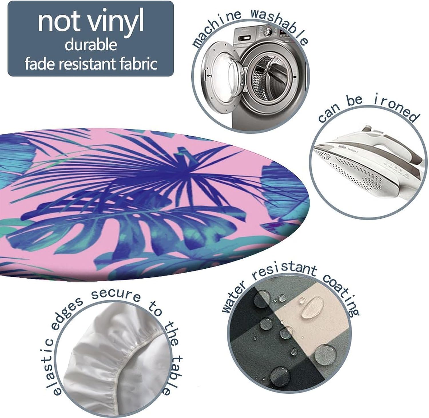 Tropical Palm Leaf Print Round Waterproof Table Cover, Stain-Resistant Wipeable Table Cover, for Kitchen Dining Coffee Table Fit for 44" Table